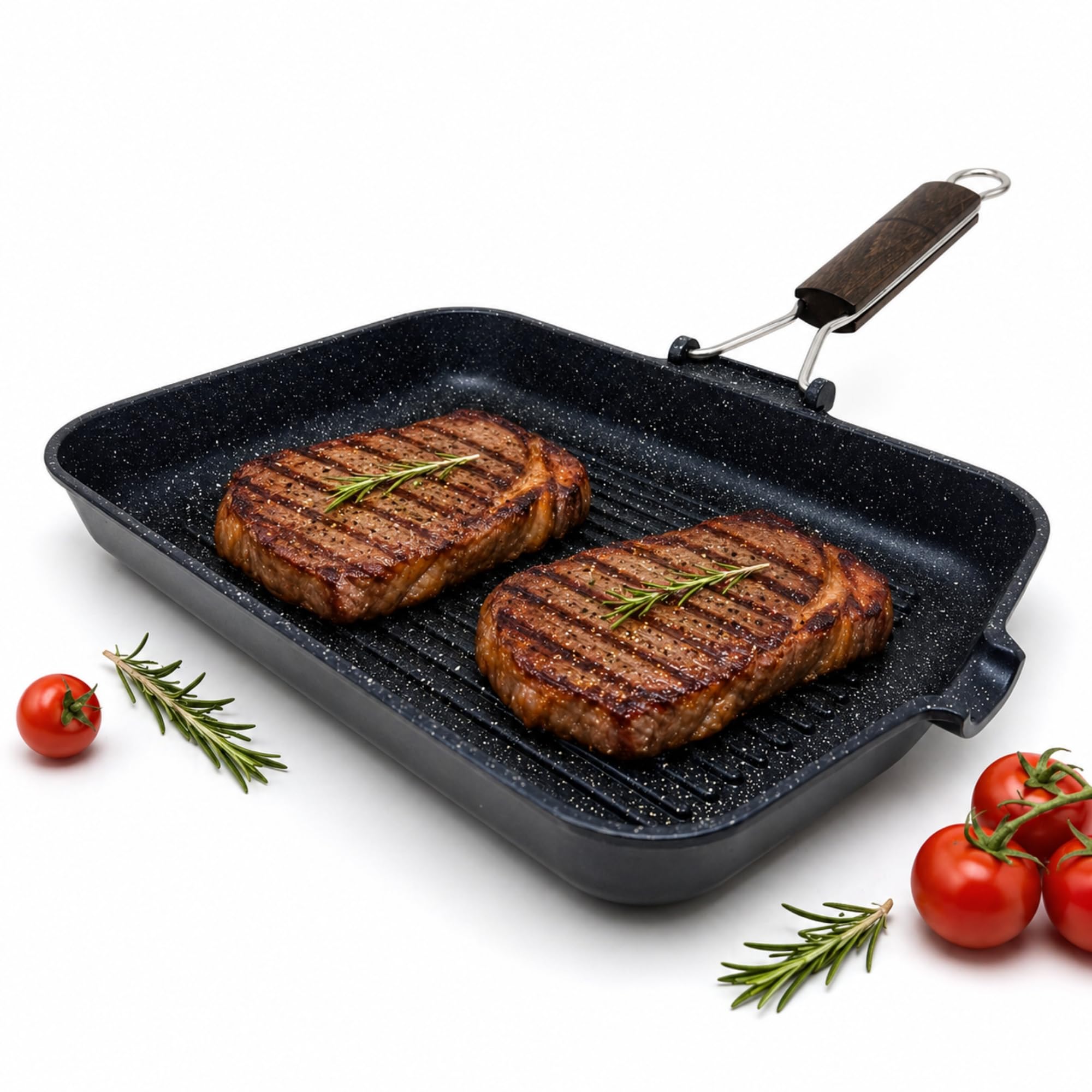 NAMAI - Sarten Plancha Antiadherente Rectangular, 35CM x 25CM, Aluminio Fundido a Presión, Apta Para Lavavajillas, Mango Plegable Para Ahorrar Espacio, Fabricada en Italia