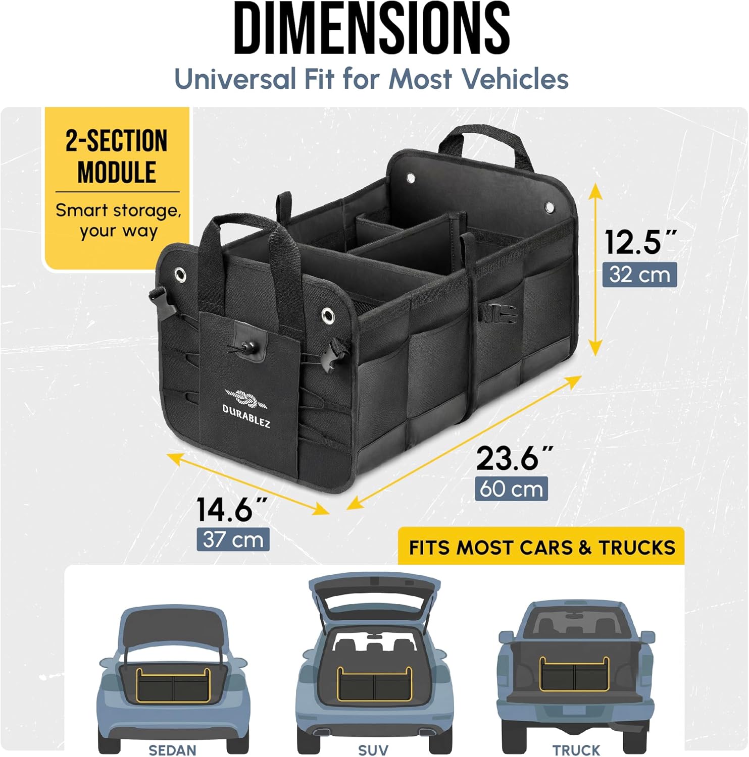 2-Section Trunk Organizer Foldable Car Storage Bin – Compact Dual-Compartment Auto Organizer with Cover Net, Non-Slip Pads, Heavy Duty Oxford 1680D – Black