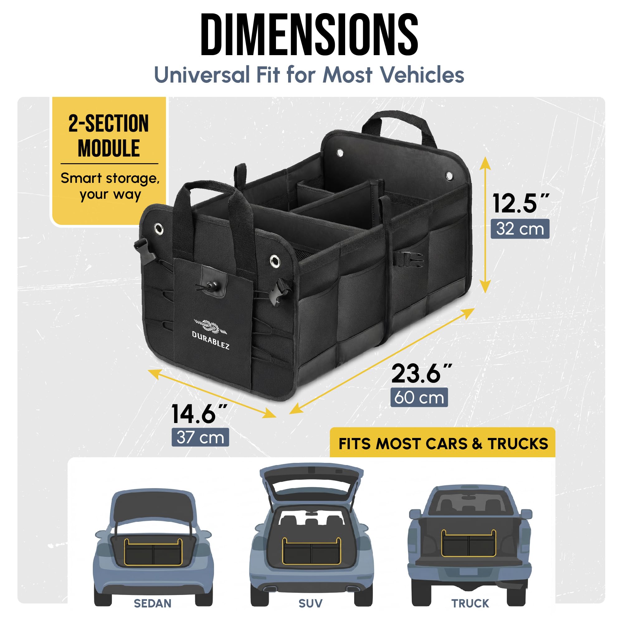 Organizador de maletero de coche, plegable, con red de cobertura, separadores extraíbles, almohadillas antideslizantes acoplables, correas de montaje y ganchos inoxidables, para SUV, camión, sedán,