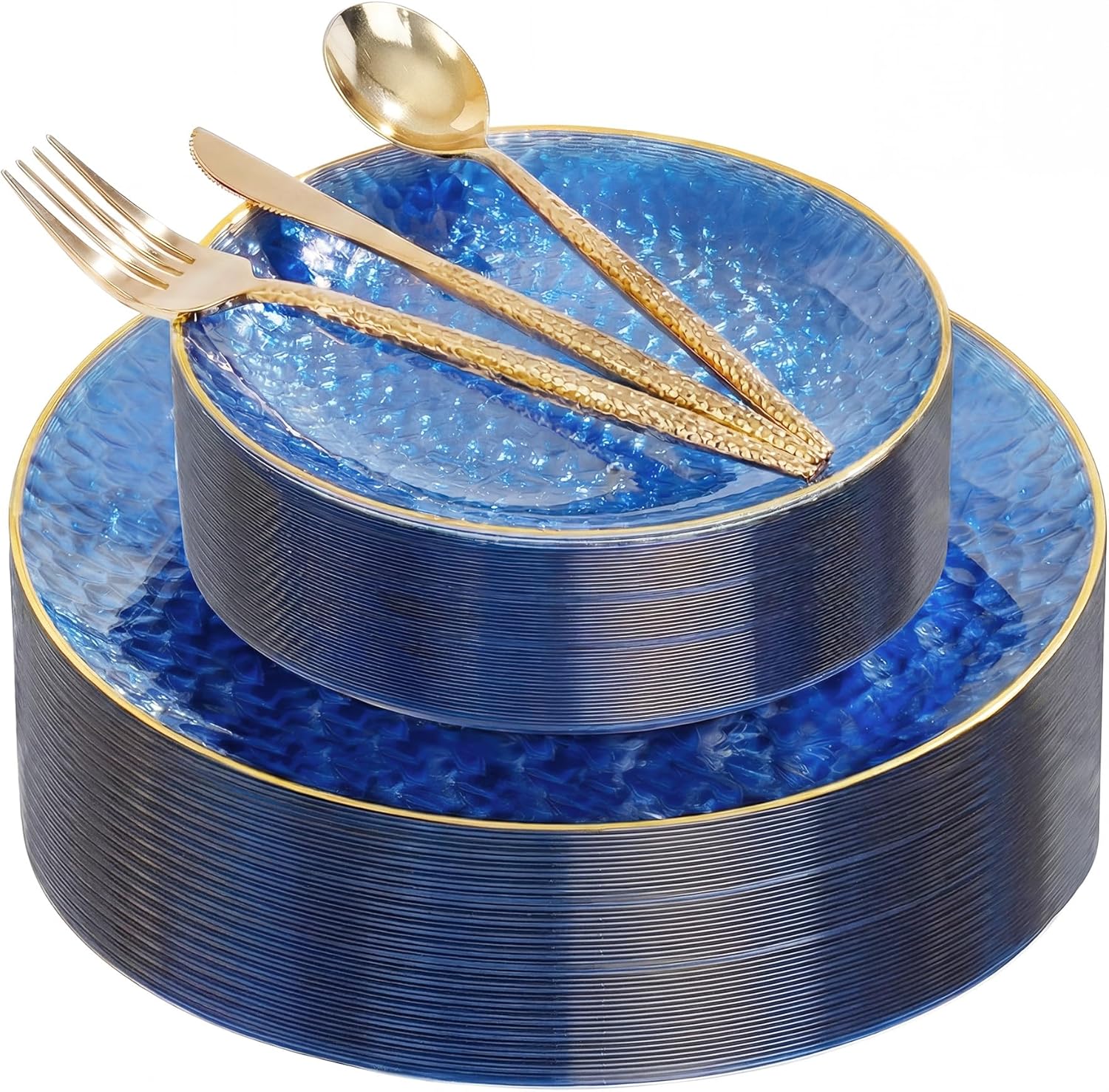 I00000 150Pcs Clear Blue Plastic Plates with Gold Rim,Blue Disposable Plates,Clear Hammer Patterned Disposable plates Set include 30 Dinner Plate,30 Dessert Plate,90 plastic Silverware Set for Party
