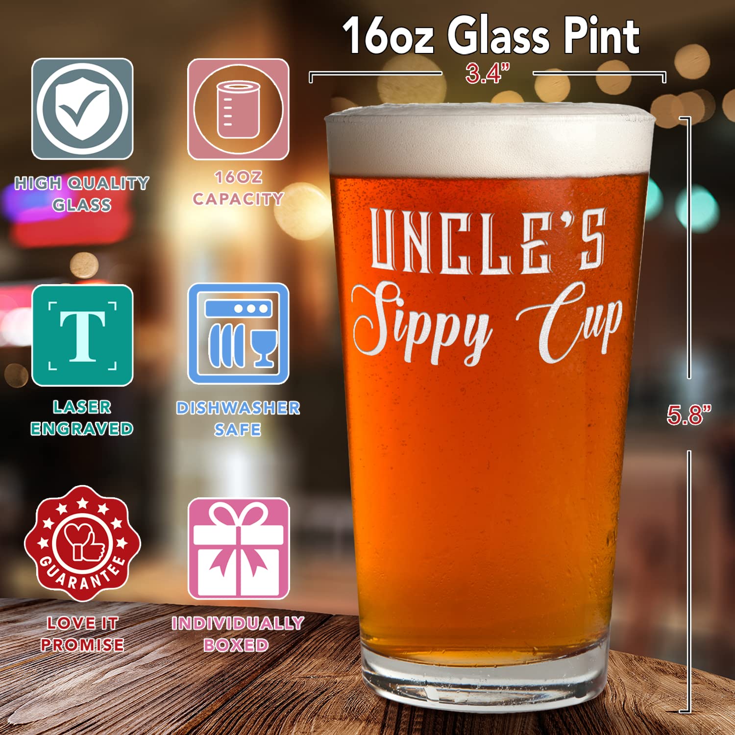 Uncle's Sippy Cup Gift Etched on 16 oz Beer Glass Pint Unique Gift Idea for Dads, Men, Him and Fathers Day