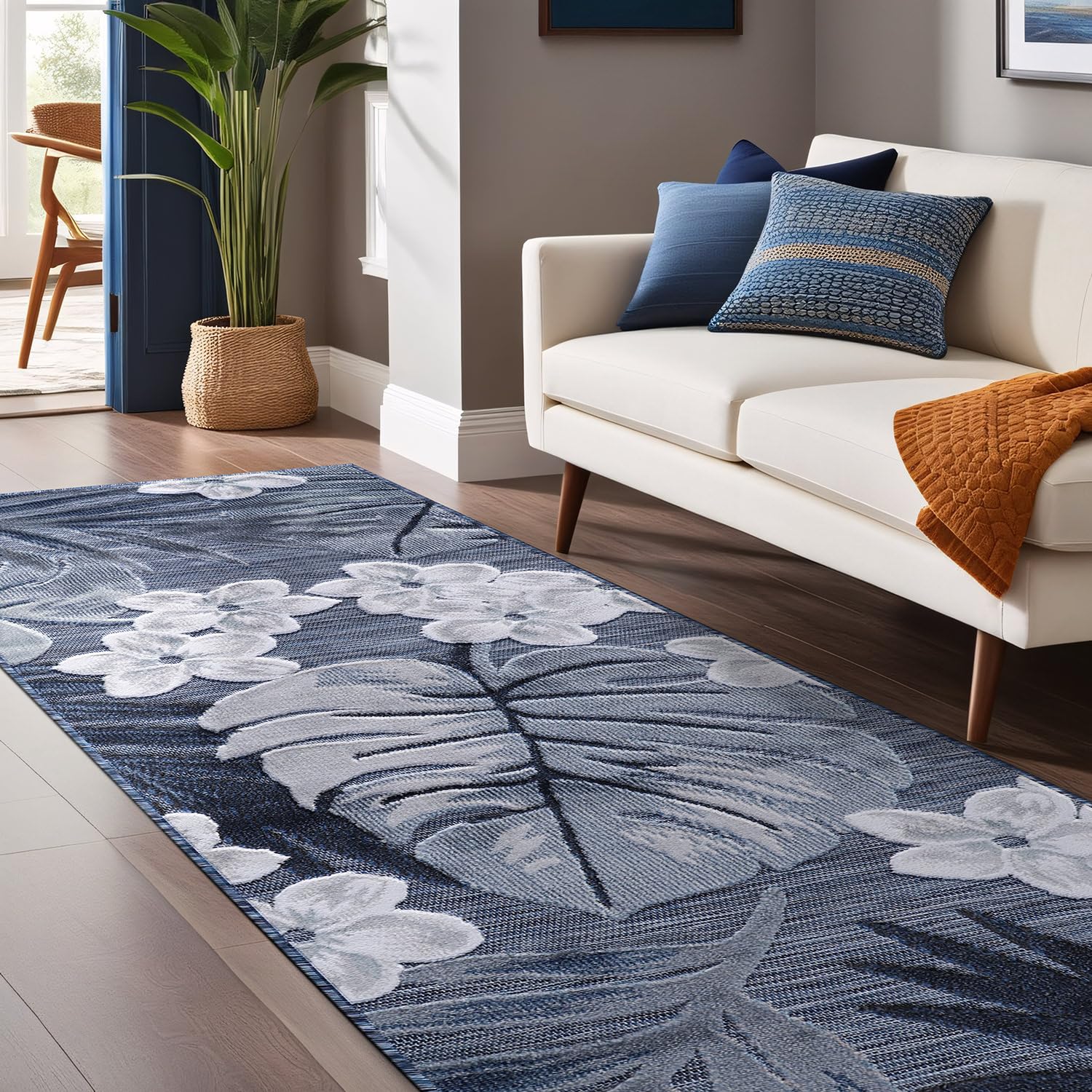 Luul Home Floral Indoor Outdoor Runner Rugs 2x7 Entryway Rug, Kitchen, Hallway Rug Washable Stain Resistant Outside Carpet Navy 2 x 7
