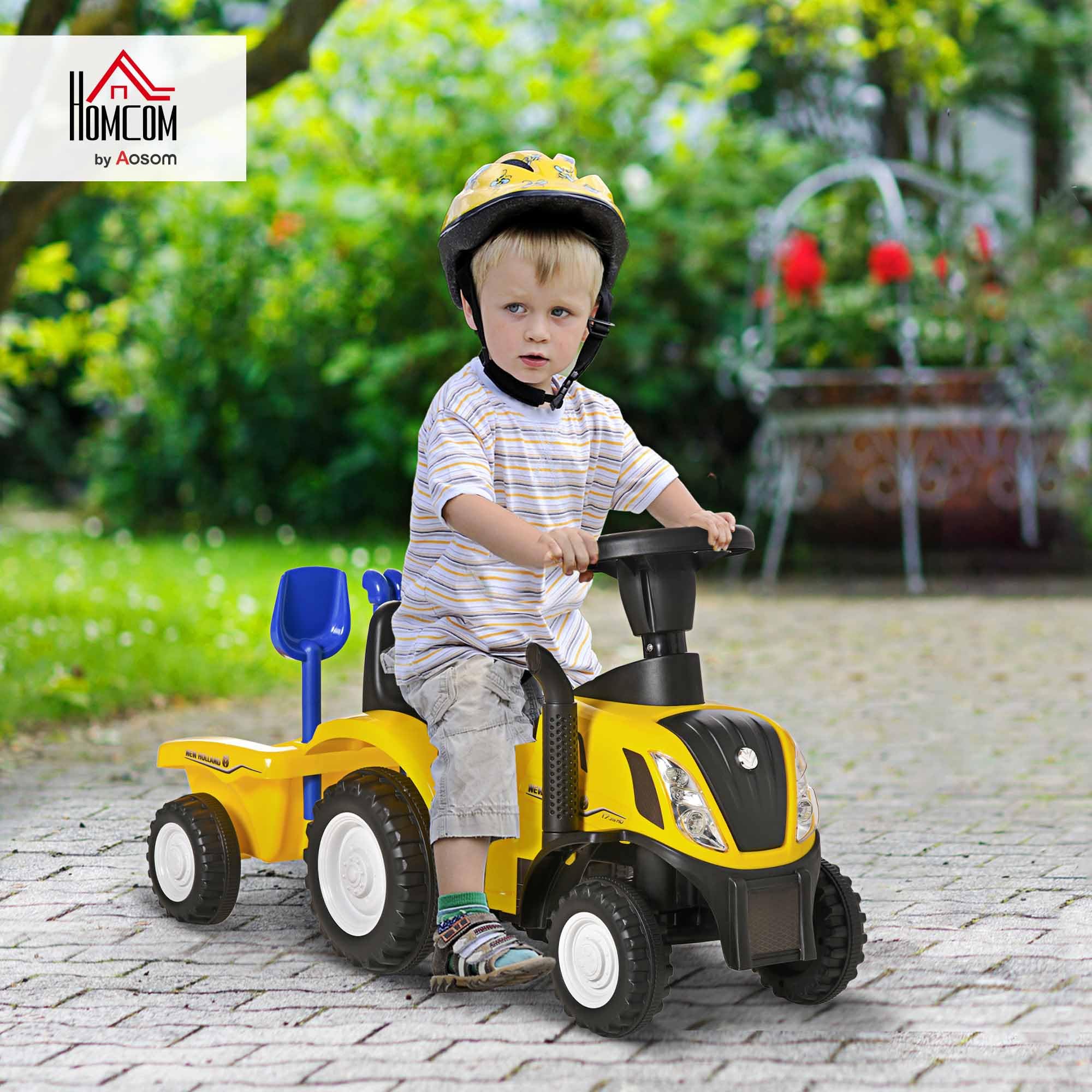HOMCOM Tractor sin Pedales para Niños de 12-36 Meses con Remolque Extraíble Coche Correpasillos con Bocina Faros Pala Asiento de Suelo 25 cm y Rastrillo Carga 25 kg 91x29x44 cm Amarillo