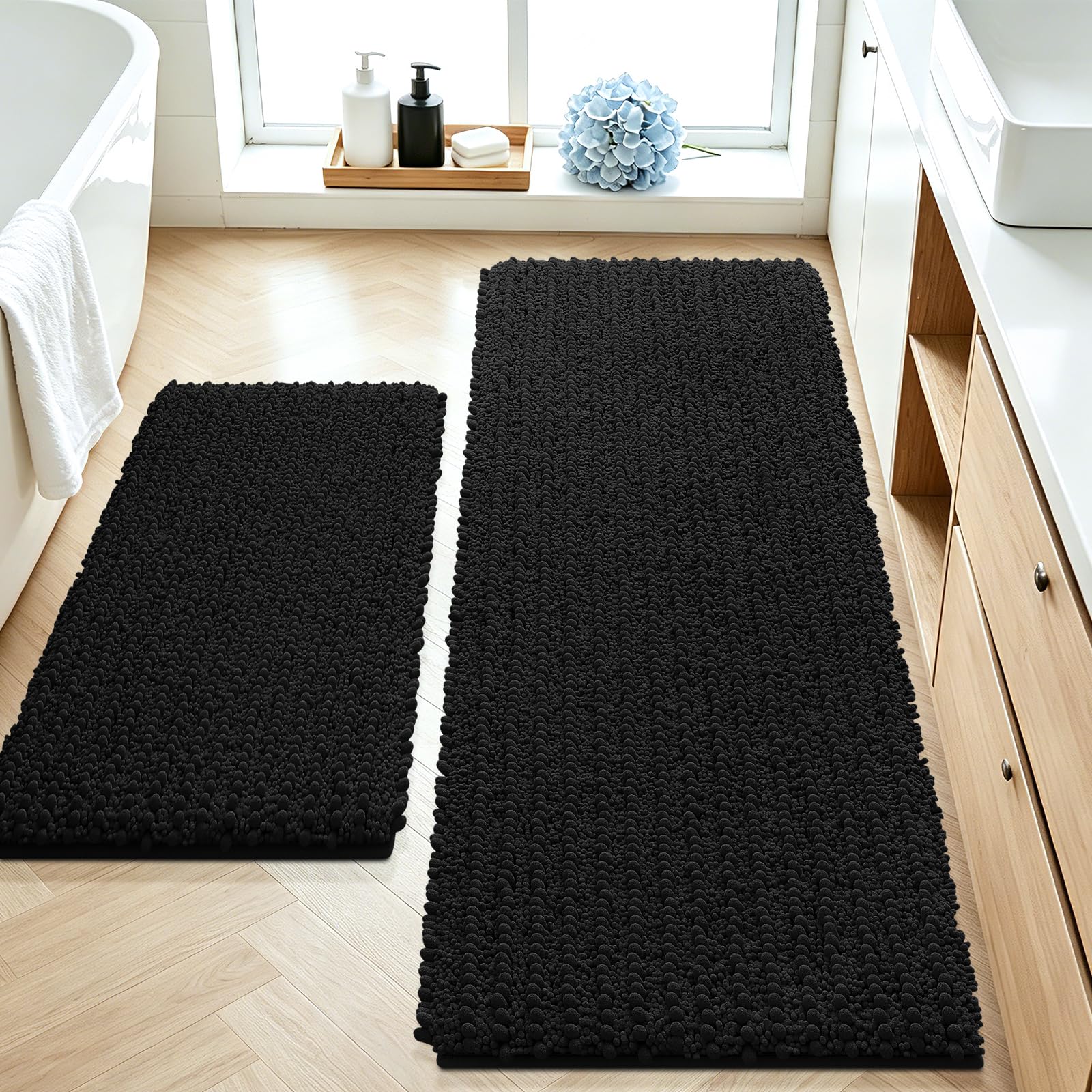 ACCUMTEK Upgrade Luxury 2 Piece Black Toilet Bathroom Rug Mat 48"x20"+24"x17", Ultra Soft Thick Absorbent Bath Mats, Non Slip Chenille Toilet Mat for Bathroom, Bedroom, Kitchen, Shower, Tub