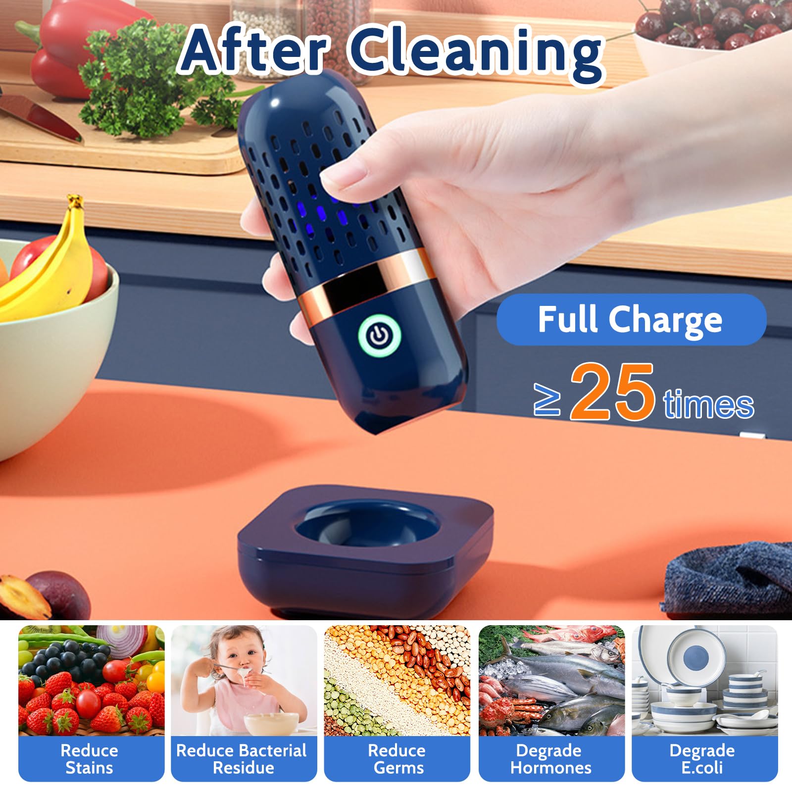 Lavadora de frutas y verduras, portátil en forma de cápsula de 3000 mAh, limpiador ultrasónico de verduras con tecnología de limpieza de iones OH, carga USB, para limpiar frutas, verduras, vajilla