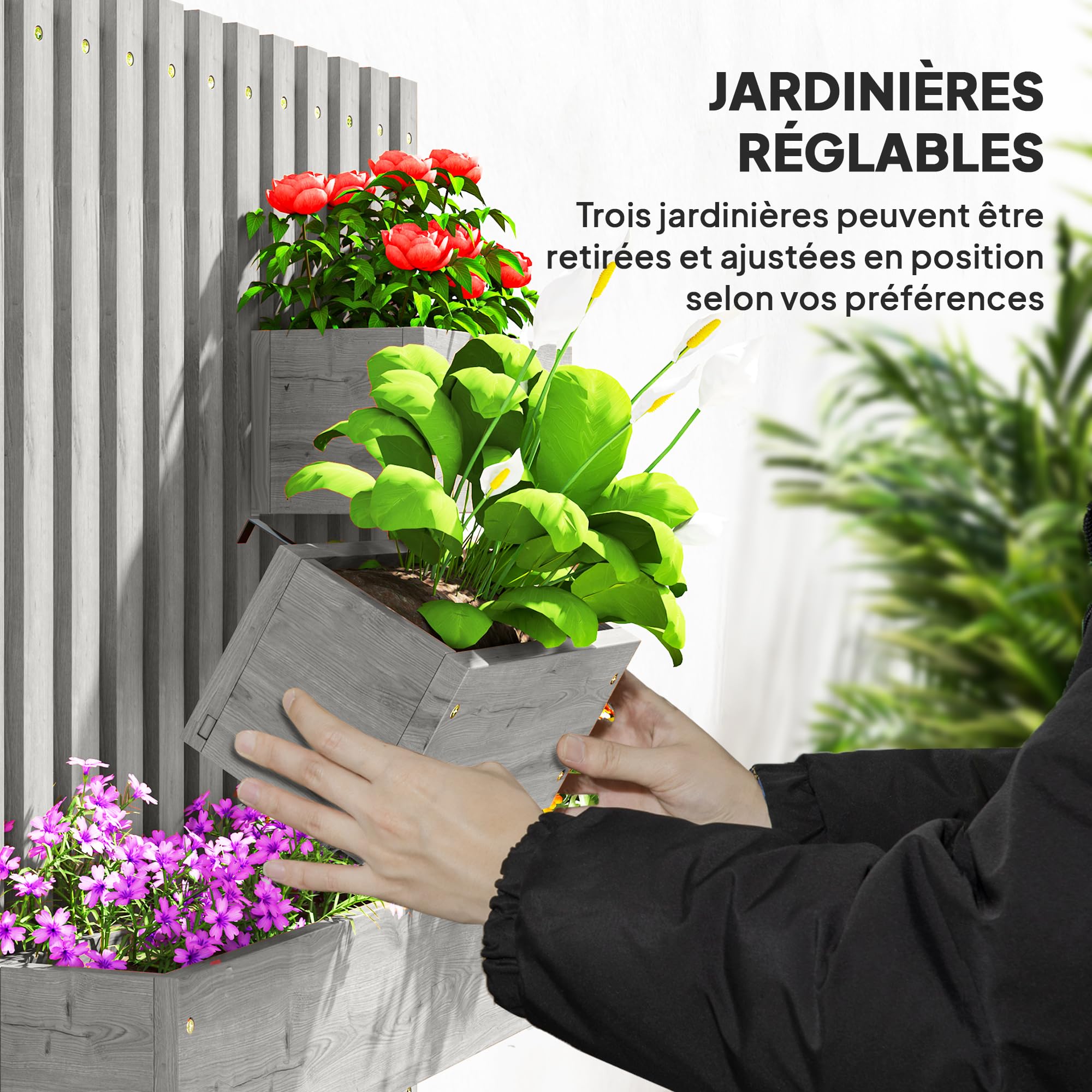 Outsunny - Jardinera de pared con huerto con 3 contenedores de madera maciza extraíbles, tela no tejida, 60 x 16 x 80 cm, color gris