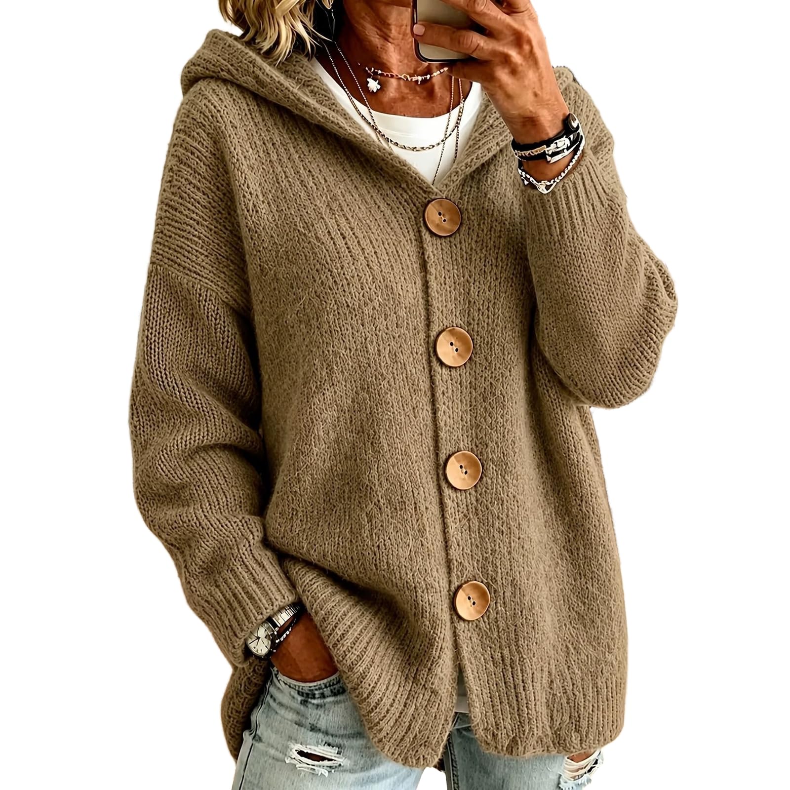 Gilet Femme avec Capuche et Bouton Chaud Chic Ample Sweats en Maille