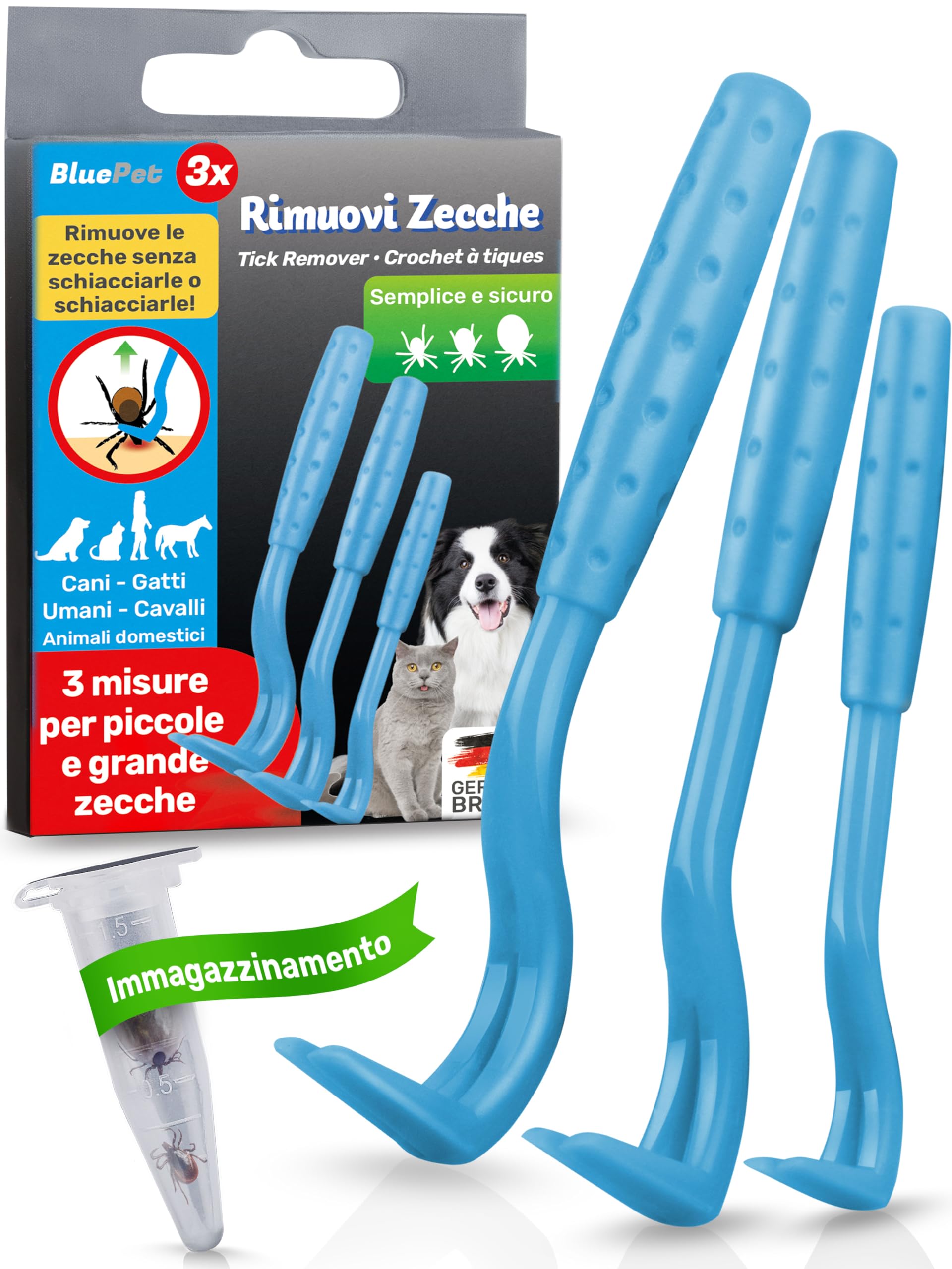 BluePet 3X Ganci per Zecche per Cani, Gatti, Cavalli e Umani - Rimuovi Zecche, Pinza per Zecche per Cane, Gatto, Uomo, Alternativa alle Pinzette per Zecche, Togliere Zecche e Tira Zecche