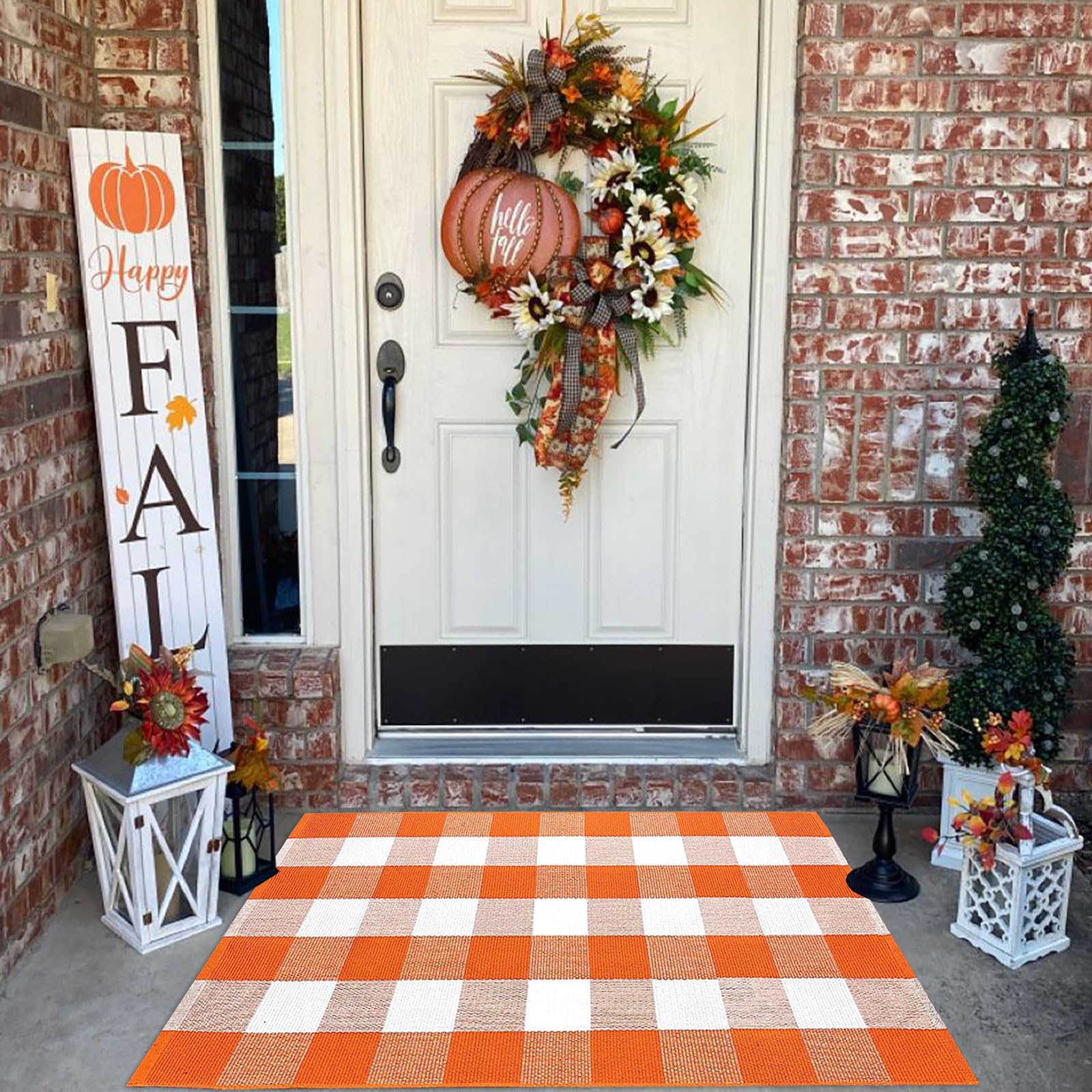 Buffalo Plaid Outdoor Rugs, 2'4" x 3'7" Orange and White Check Indoor/Outdoor Area Rug, Layering Rug for Hello/Welcome Door Mat, Washable Cotton Woven Farmhouse Mat for Fall Front Porch Décor
