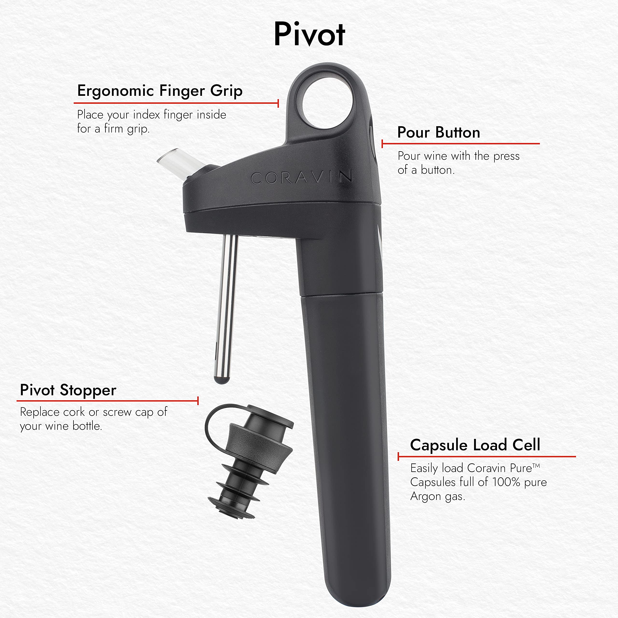 Coravin | Système de conservation du vin Pivot pour vin rouge et blanc | Garde le vin frais - Bouchon de vin réutilisable | 2 bouchons Pivot & 1 Pure Capsule Inc | Cadeau de vin | Noir