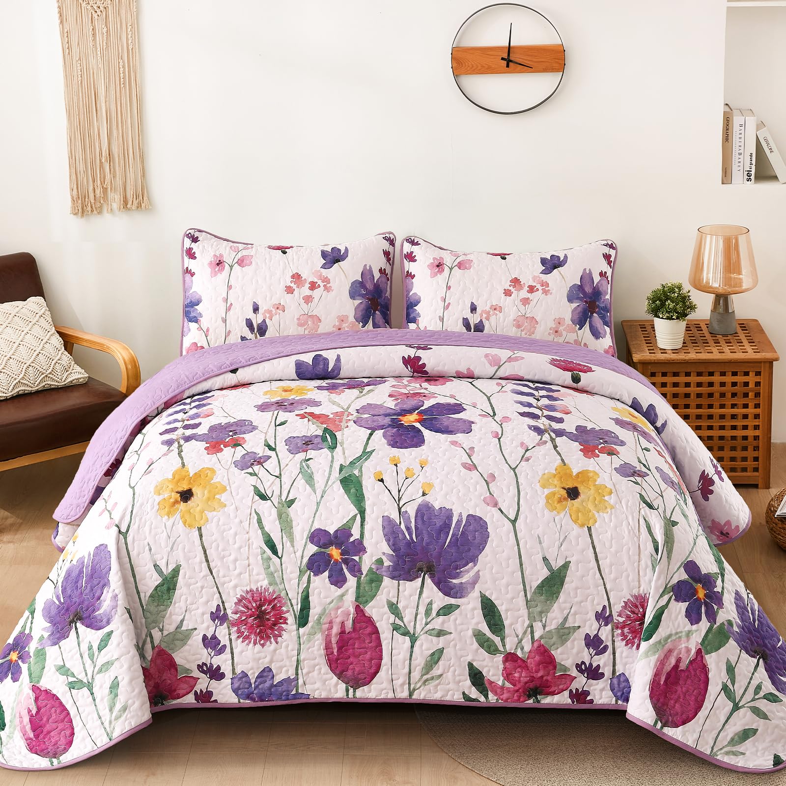 Anibedding Floral Quilt Set Full, Purple Lightweight Microfiber Bedspread