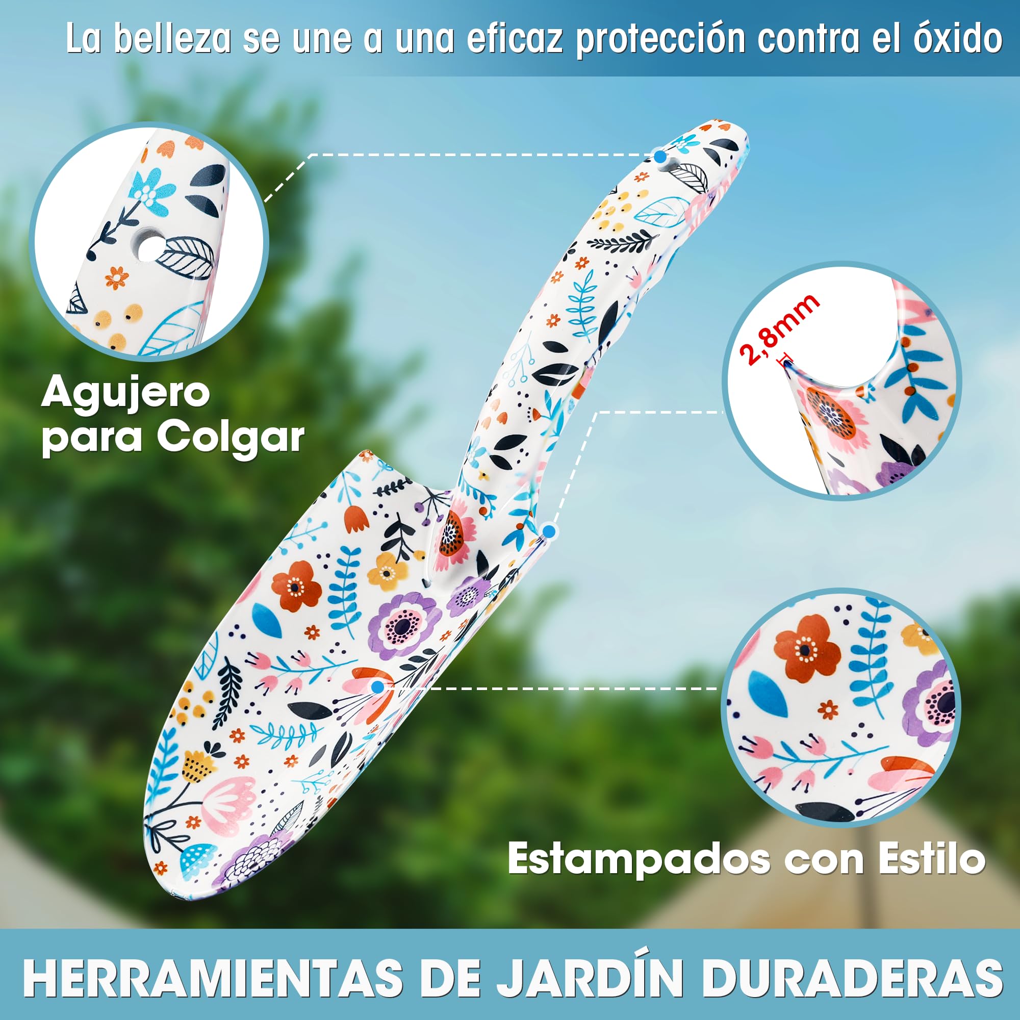 WORKPRO Herramientas Jardineria 4PC, Juego de Herramientas para Jardín con Rastrillo, Pala de Mano, Tijeras de Podar, Guantes, Estampado Floral