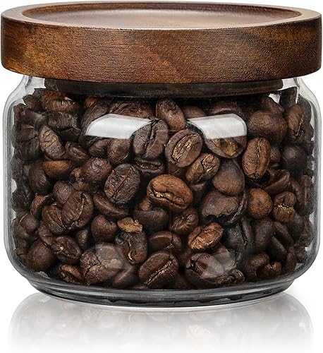 1 tarro de almacenamiento de vidrio pequeño con tapas herméticas, recipiente de café de 11 onzas líquidas (10.1 fl oz) con tapa de madera,