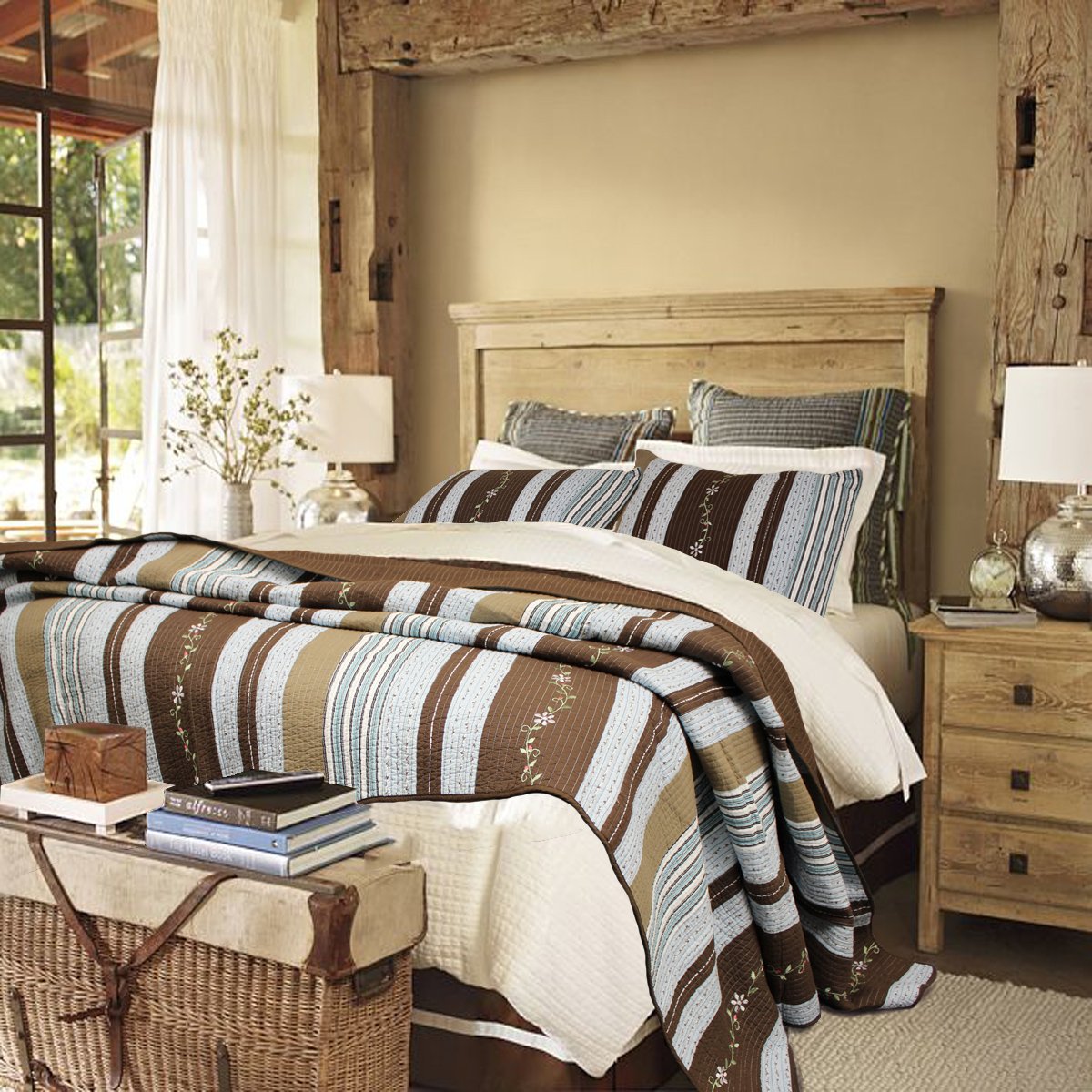 Cozy Line Home Fashions 100% Cotton Reversible Quilt Bedding Set, Blue Tan Cottage Floral Coverlet Bedspread (Brown Stripe, King-3 Piece)