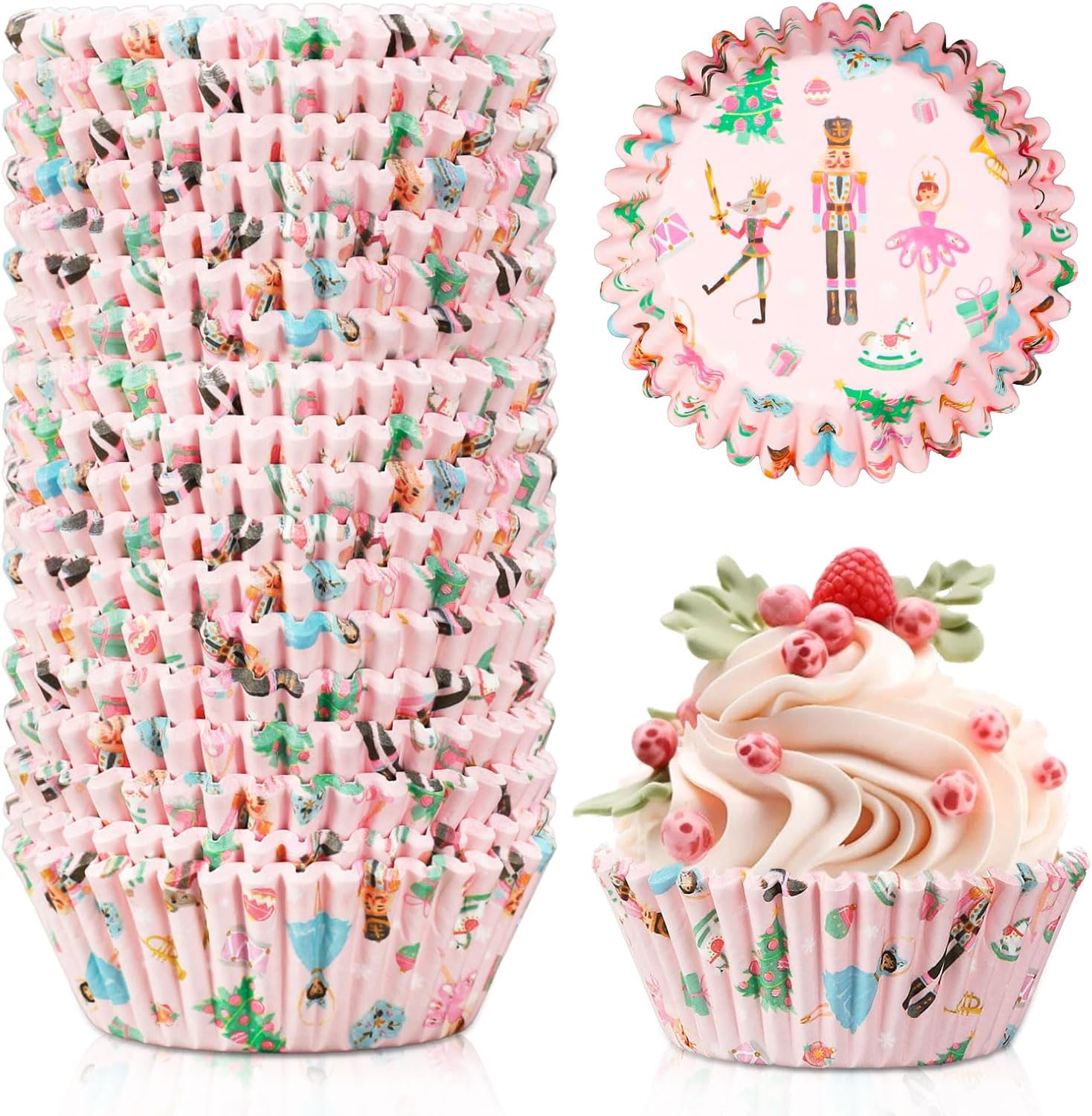 FYSUIMU 300Pcs Christmas Cupcake Liners Xmas Pink Nutcracker Paper Baking Cups Standard Muffin Cupcake Wrappers for Holiday Party Supplies Table Decor
