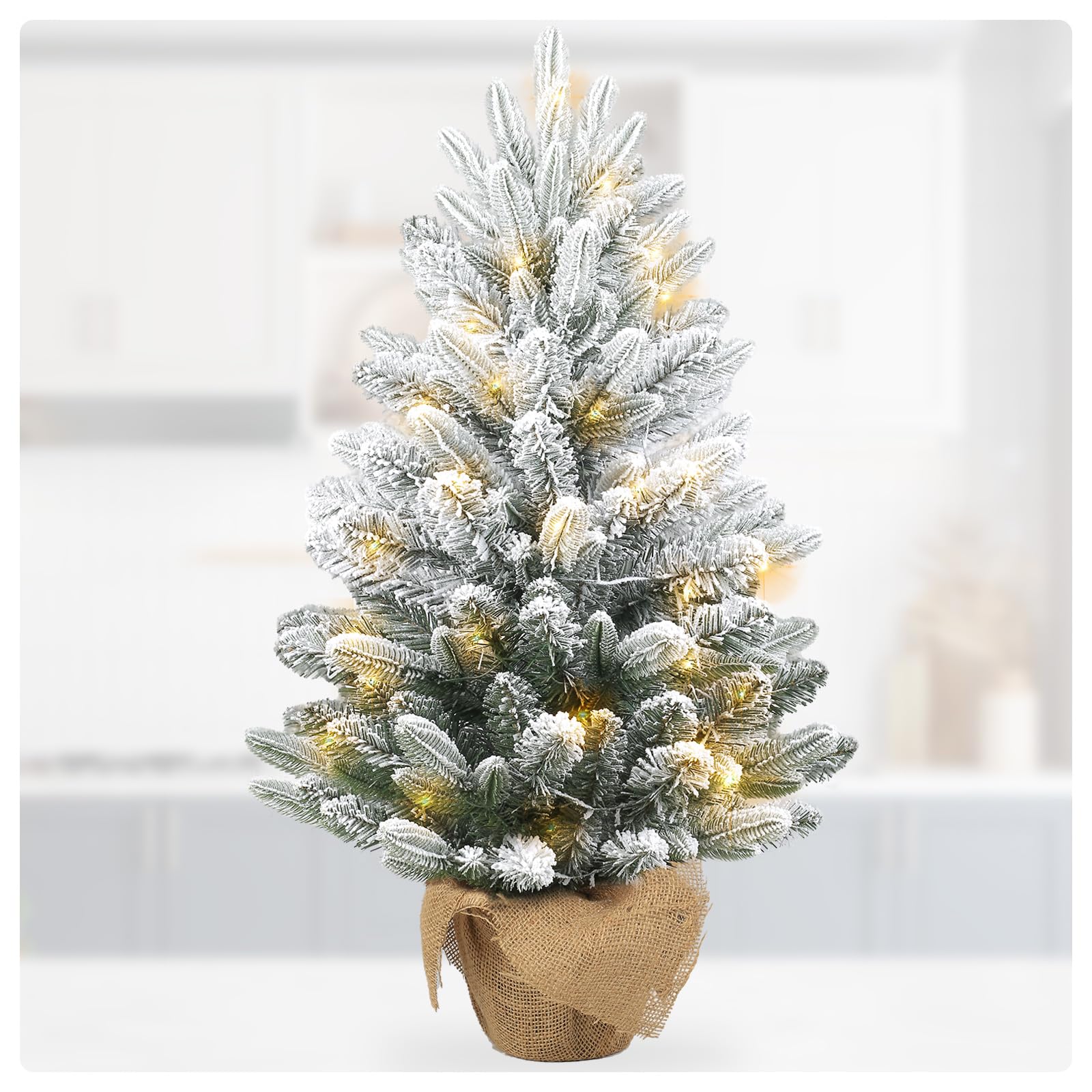 3ft Christmas Tree,Artificial Snow Small Pine Christmas Tree,Pre-lit Mini Flocked Tabletop Christmas Tree with 60 LED Lights and Cloth Bag Base