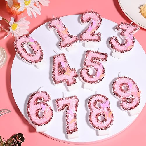 Miniatura 6 de Velas de números de cumpleaños, velas de números con purpurina de 2.95 pulgadas con complemento de mariposa, velas de números rosas con lentejuelas,