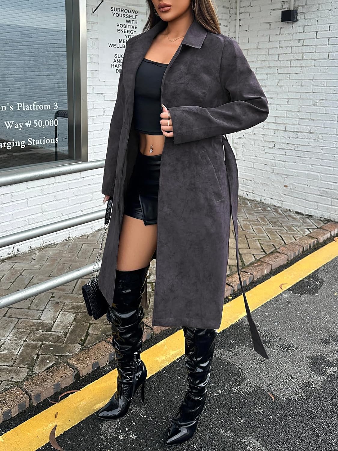 Leather Jacket Women Trench Coat Long Loose Button Lined Jacket Open Front Faux Motorcycle Coat with Belt - Image 2