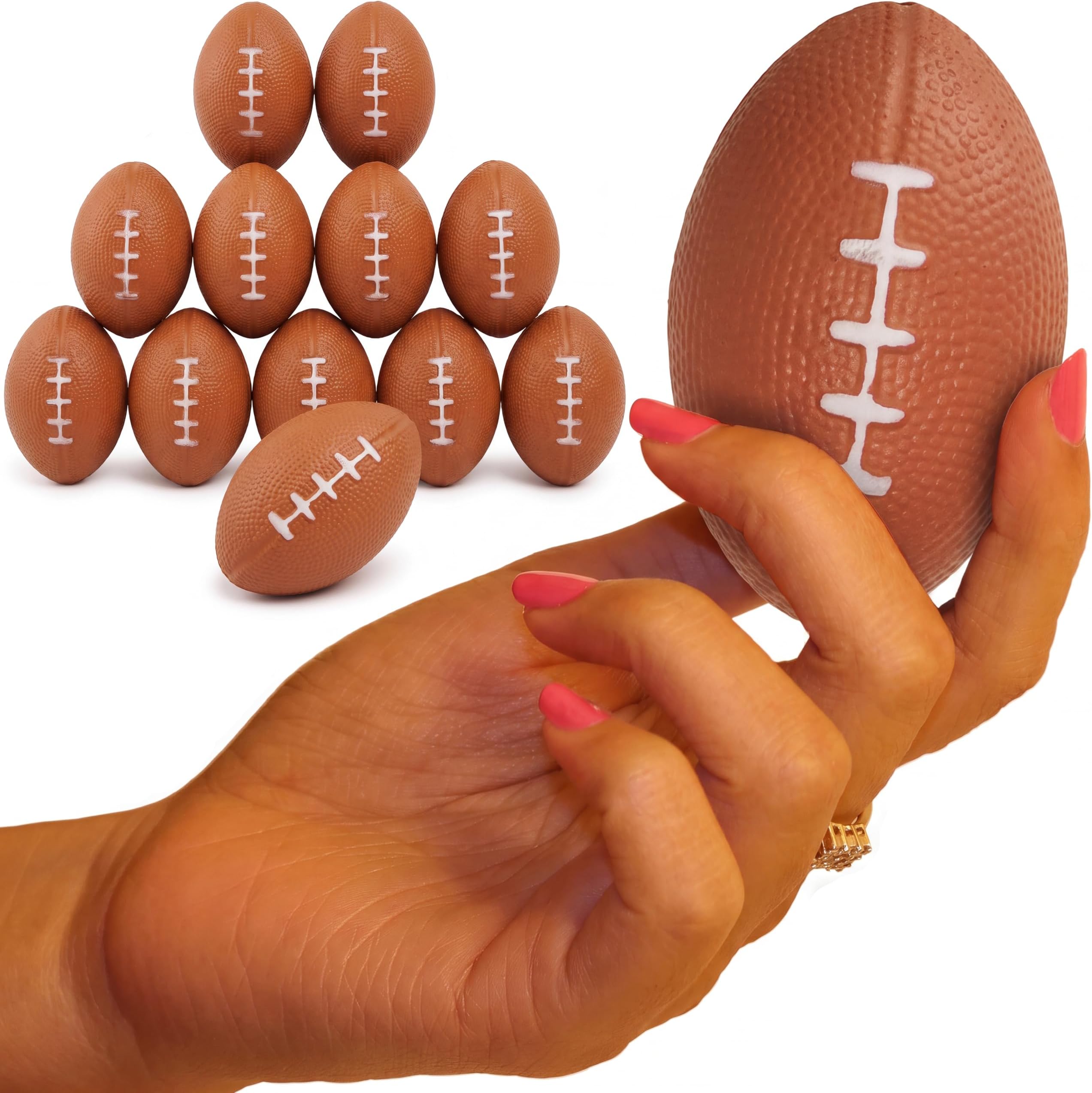 Mini Foam Footballs 12 Pack Bulk - Individually Wrapped 3.5 Inch Stress Balls for Adults - Squeeze Balls for Grip Strength & Hand Exercise - Game Day Party Favors, Football Decorations & Centerpieces