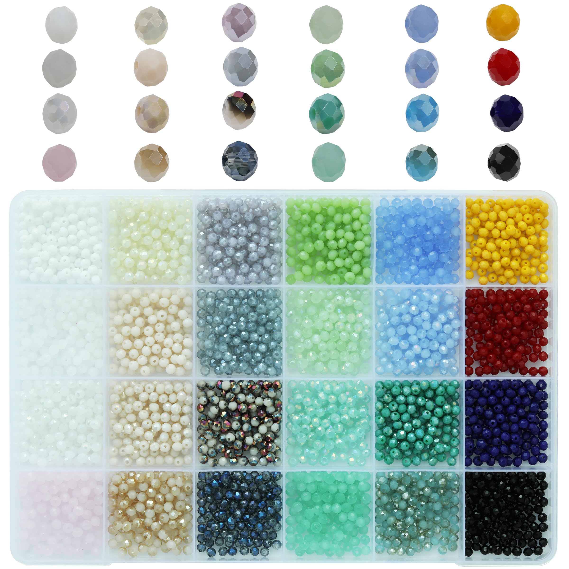 Bala&Fillic 3mm Glass Briolette and Rondelle Crystal Beads - Opaque Color Assorted 24 Colors with Container Box (Total 2400pcs)