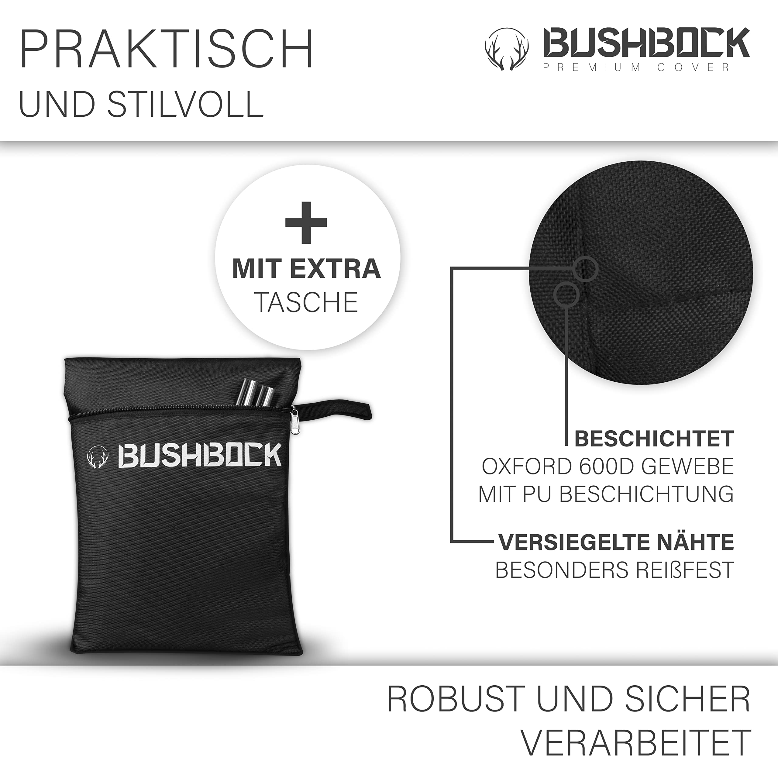 BUSHBOCK® Premium pokrowiec na parasol przeciwsłoneczny/wiszący – do ok. 400 cm Ø – najlepsza tkanina 600D – ultra wytrzymały z otworami wentylacyjnymi i specjalną powłoką (265 x 40 / 70 / 50 cm)