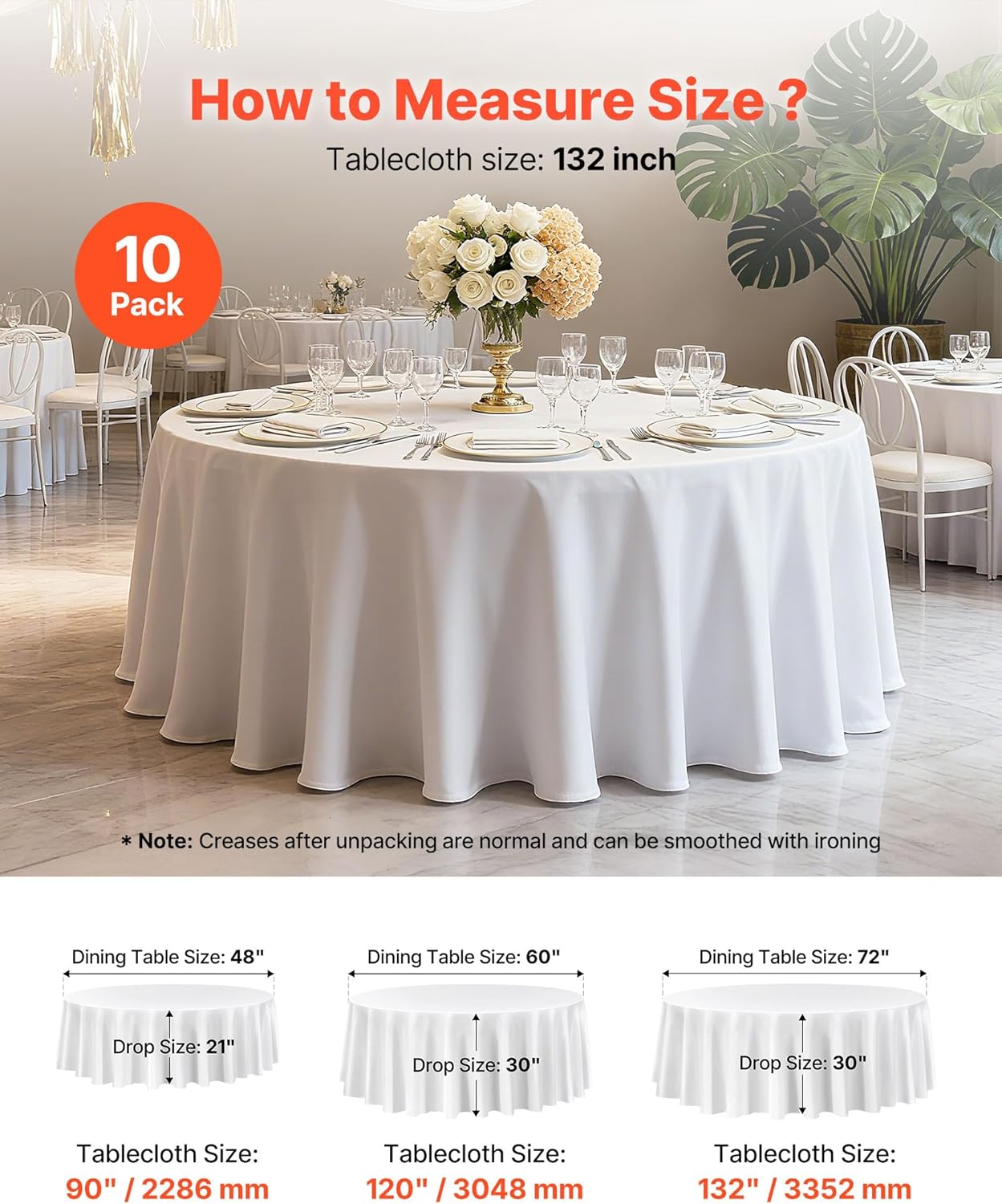 VEVOR White Round Tablecloths 10 Pack, 132 Inches in Diameter, Stain- & Wrinkle- Resistant, Machine Washable Table Clothes, Polyester Fabric Table Covers for Wedding, Party, Banquet, Formal Events