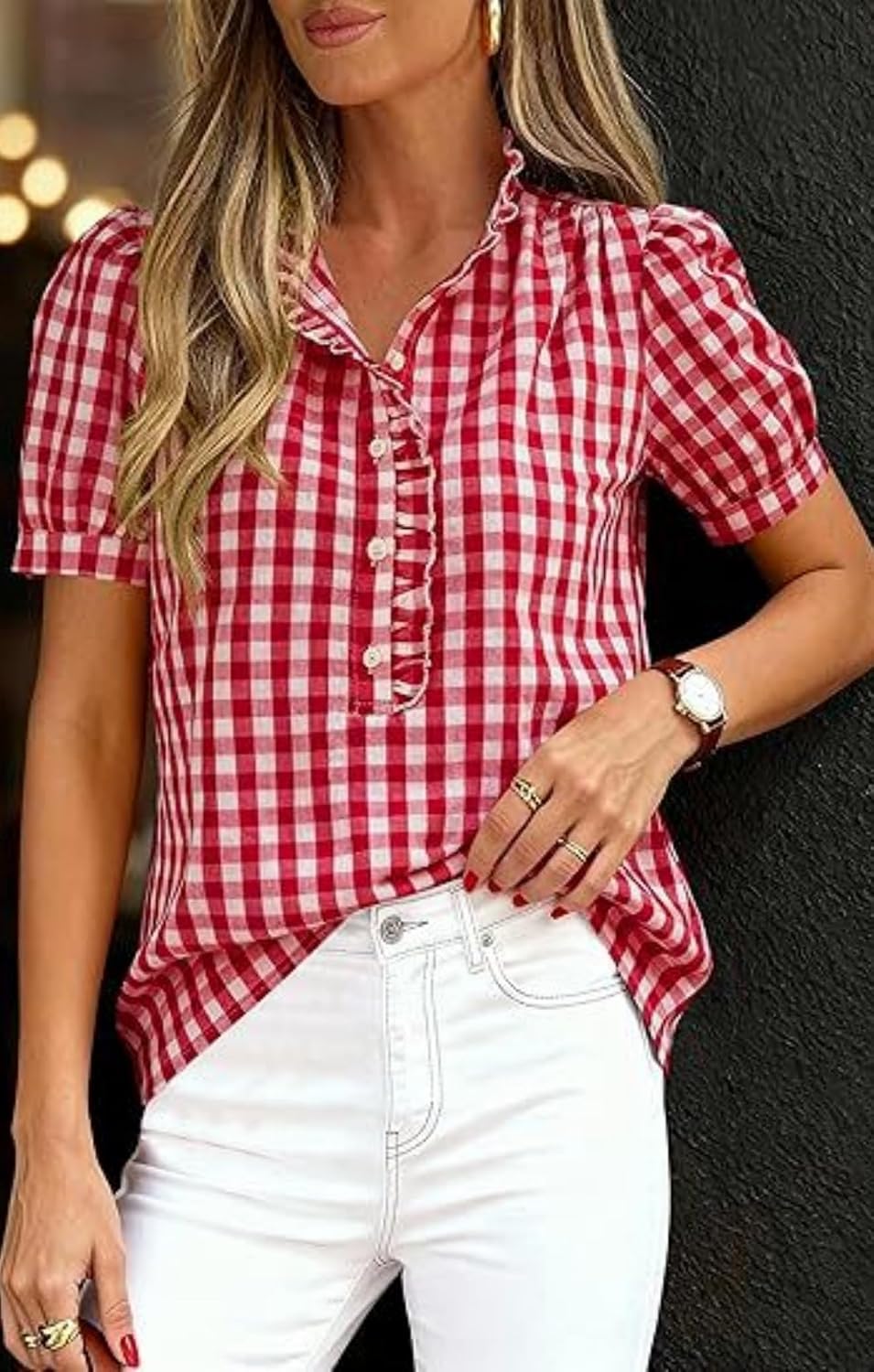 MINTLIMIT Womens Plaid Blouse Peasant Button Down Ruffle Neck Plaid Puff Short Sleeve Gingham Blouse Shirts