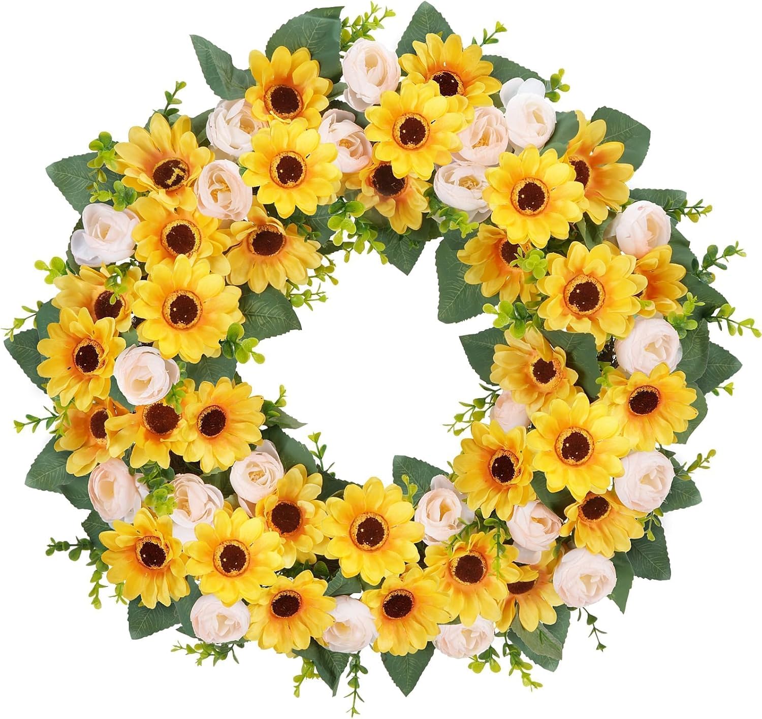 24 Inch Sunflower Wreaths for Front Door Spring Summer Wreaths with Lifelike Peony Sunflower Wreath Yellow Spring Door Wreath for Indoor Outdoor Mantel Window Wall Home Firplace Farmhouse Porch Decor
