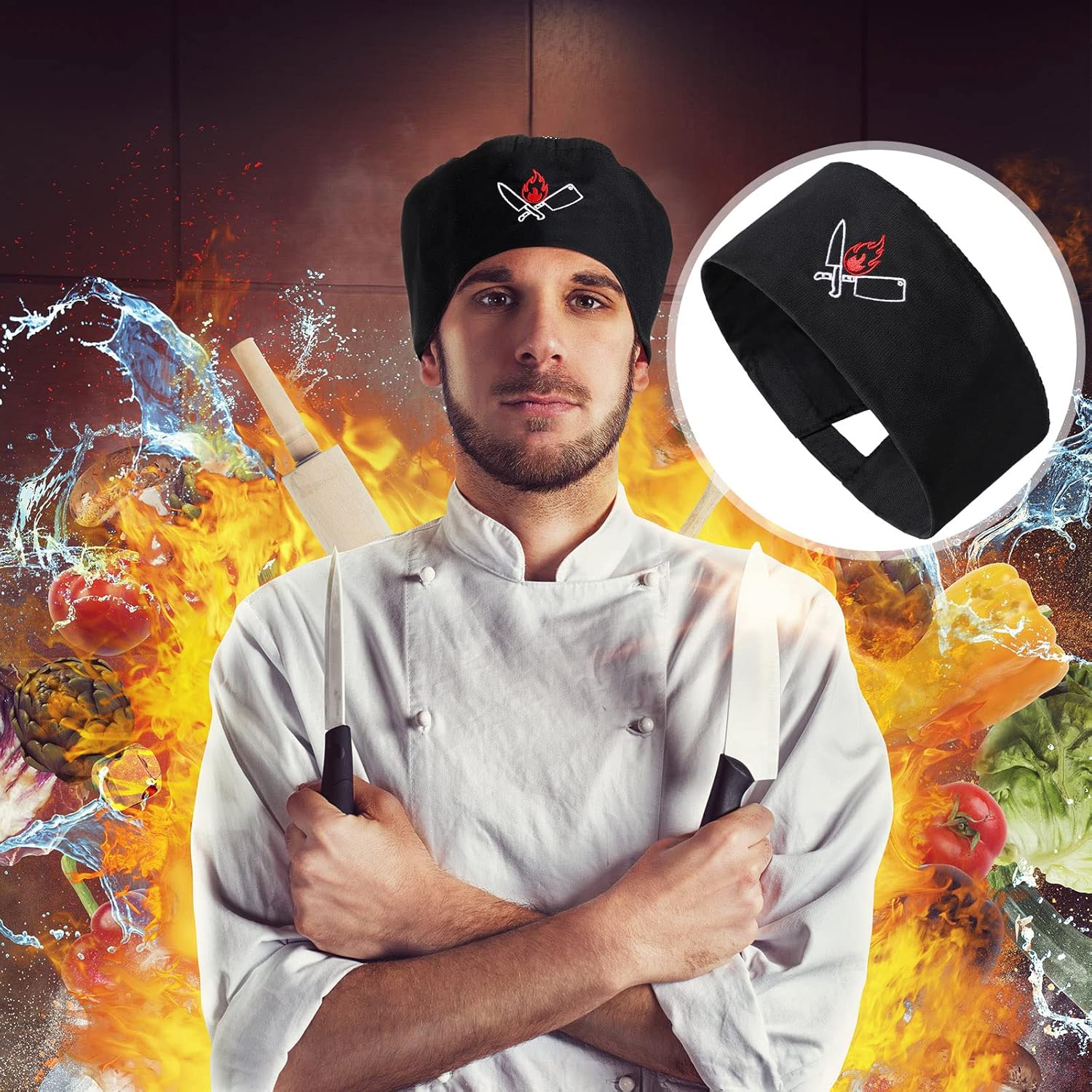 4 Pieces Unisex Chef Hat Mesh Top Skull Fabric Chef Hat Kitchen Cooking Beanie for Adults Mixed Color One Size - Image 6