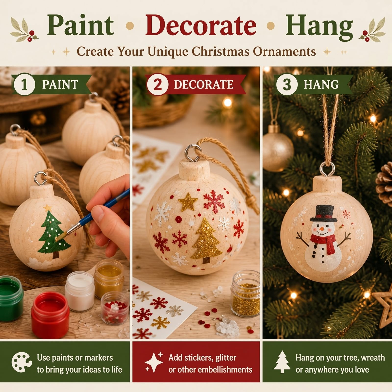 Hiboom 12 Stück 6,6 x 6,1 cm große Holz-Weihnachtskugeln, unlackiert, natürlich, rund, Paulownia-Kugeln, Ornamente für Weihnachtsbäume, Basteln, Basteln, Basteln, Malen, Erwachsene, 12 Stück