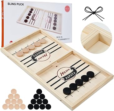 HELLO PAPAYA Fast Sling Puck Game - Test Your Speed and Accuracy with This Fast-Paced Wooden Air Hockey Desktop Battle Board Game - Fun Gifts for Family Night or Friends Party