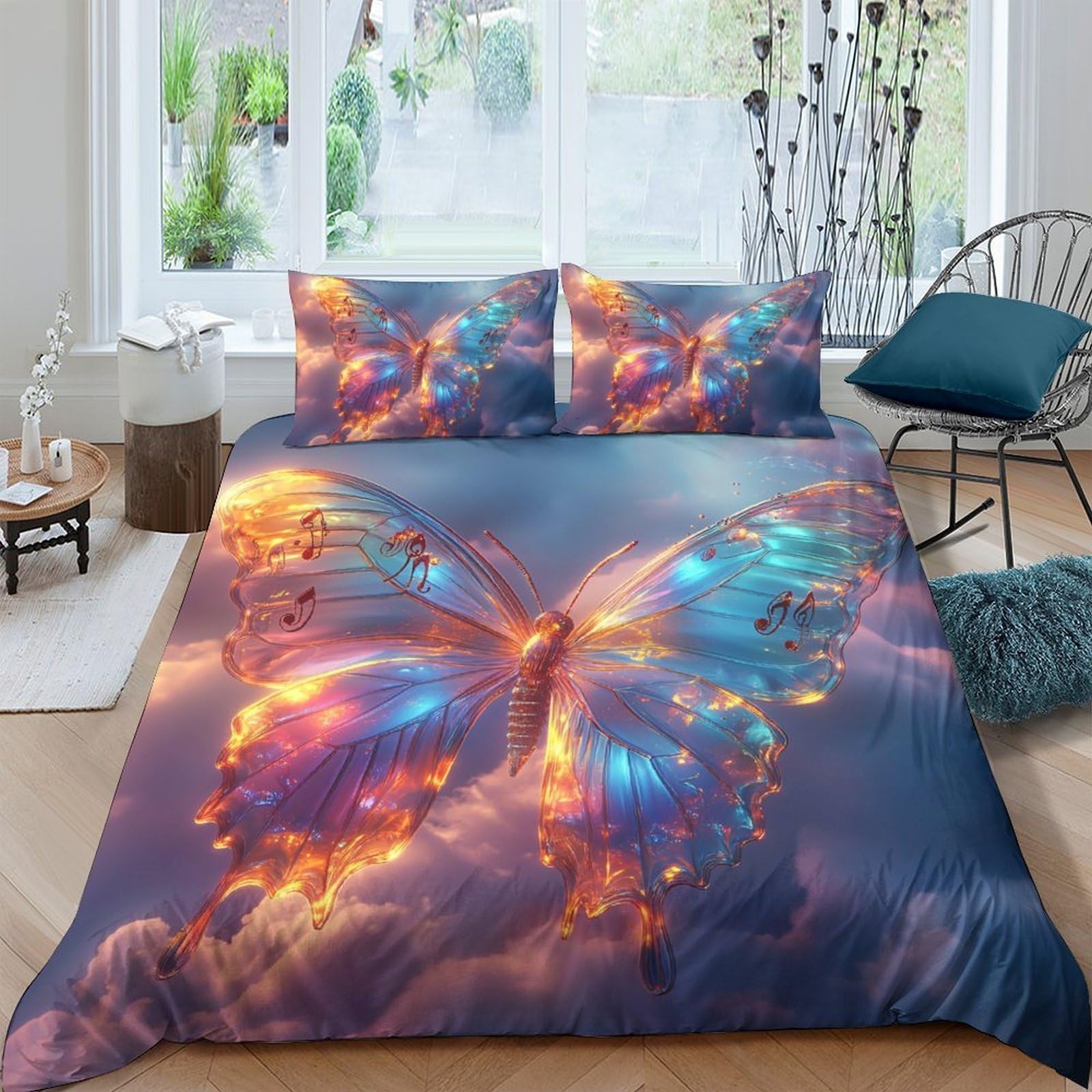 Ctjqhvkz Style-2 3D Printed Fantasy Butterfly Fitted Sheet Microfiber Soft Colorful Glow Mattress Cover For Bedroom Guest Decor Single（135X200cm）