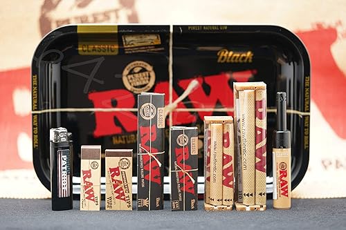 Paquete - 9 Artículos Raw Black Gold Tray Rolling Paper Combo y Patriot Desechable Encendedor