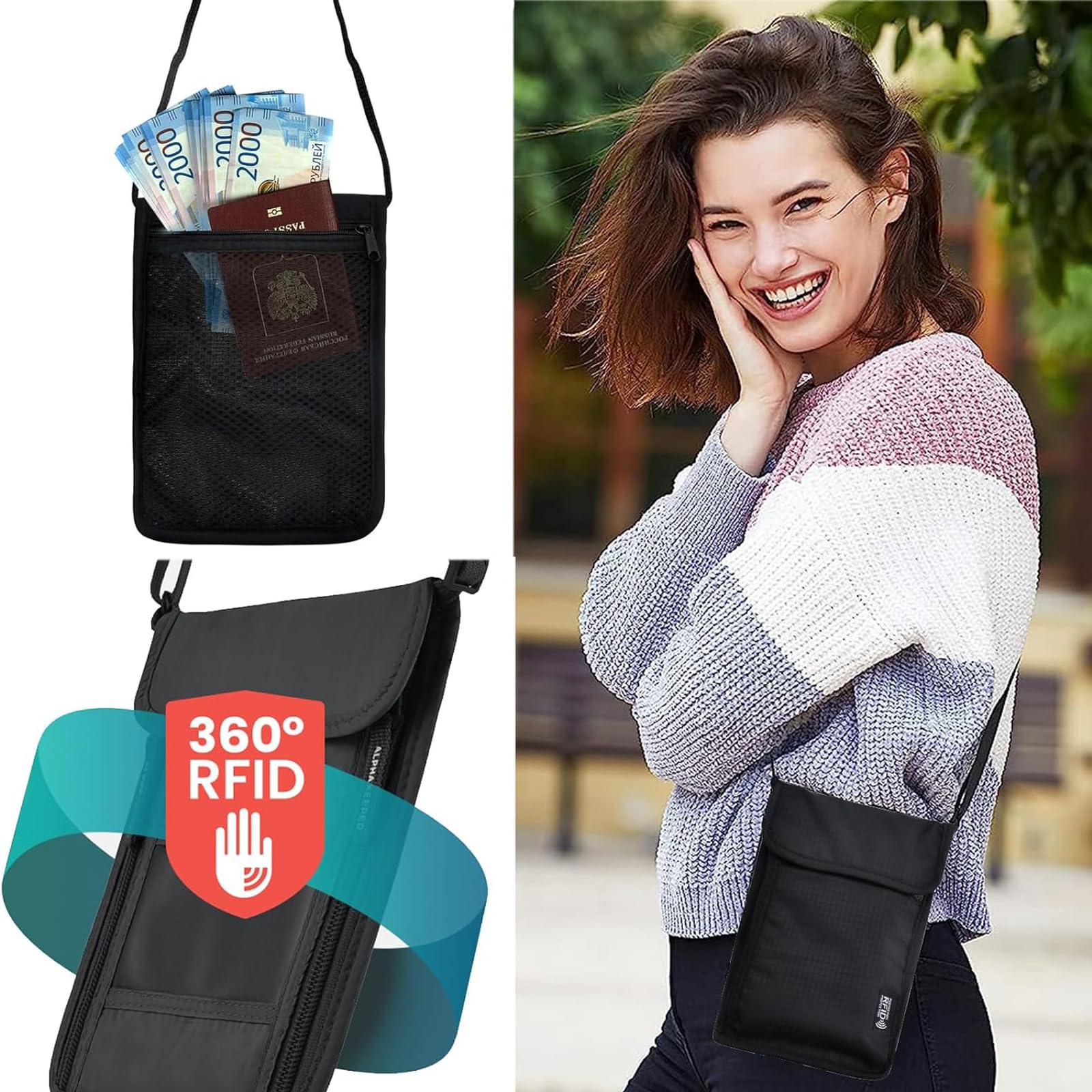 Kieszenie na szyję podróżne, etui podróżne z blokadą RFID, wodoodporne etui na paszport podróżny dla kobiet i mężczyzn, regulowana torba na telefon komórkowy na karty pieniężne, czarny,
