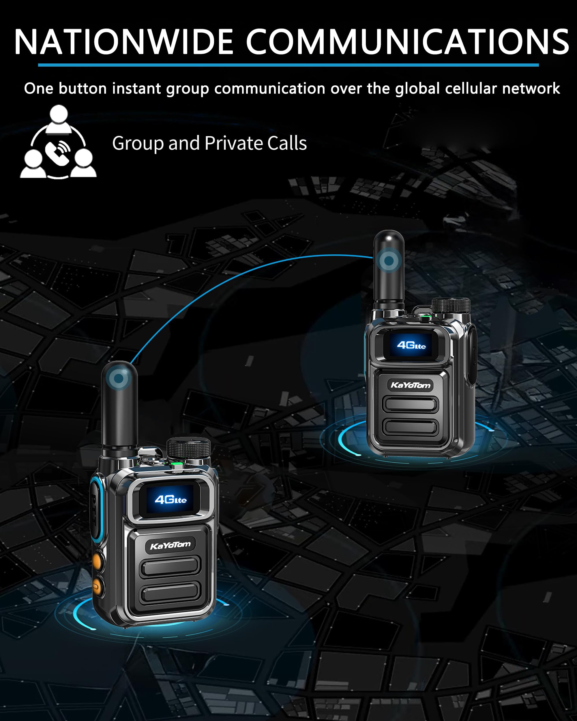 KAYOTOM Global Walkie Talkies Unlimited Range POC 4G Nationwide Long Distance 5000 Miles PTT Push-to-Talk Over Cellular Handheld Long Range Two Way Radio for Team Management (2PCS with SIM)