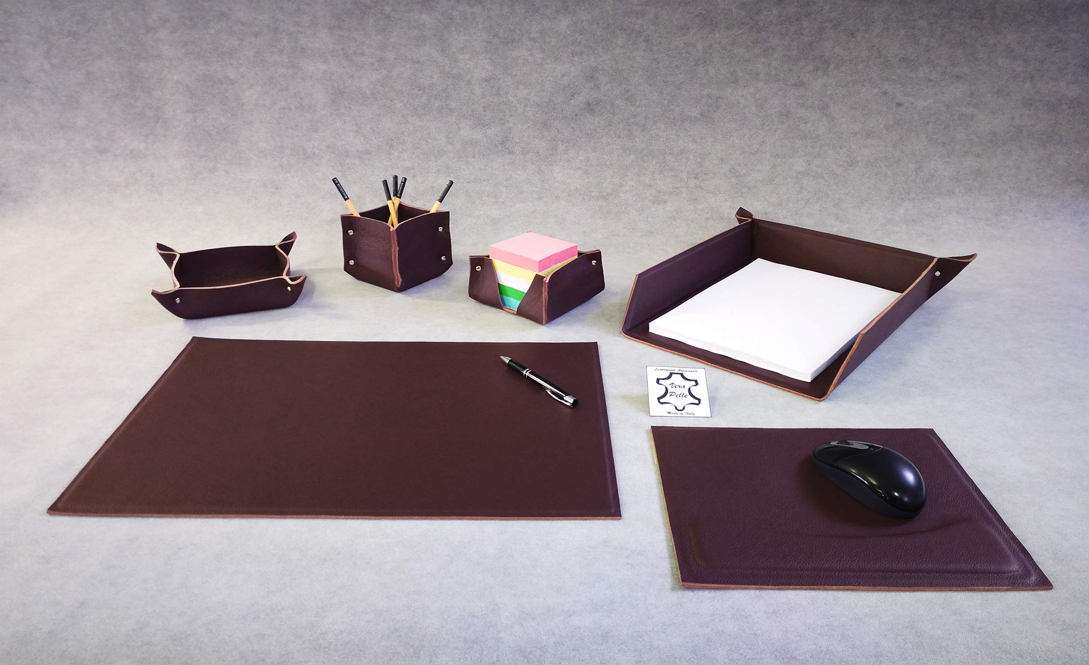 AM DESIGN PREGIATO Set SCRIVANIA in Vera Pelle - 6 Pezzi - Made in Italy - Idea Regalo (Marrone)