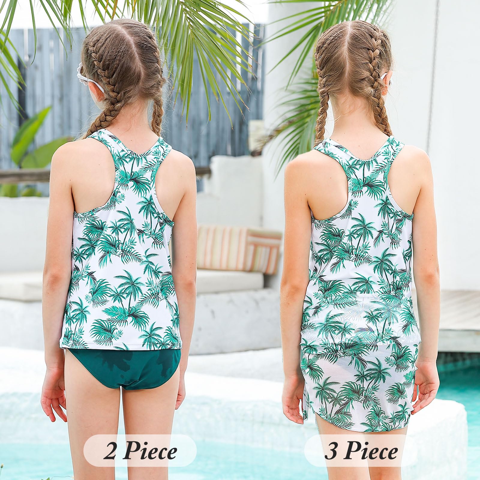 Lovekider 11-12 Years Girls Swimsuits 3D Printed Hawaiian Tropical Tree 3 Piece Bathing Suits with Cover Up Racerback Swimwear Tankini Set for Surfing Size 11 12