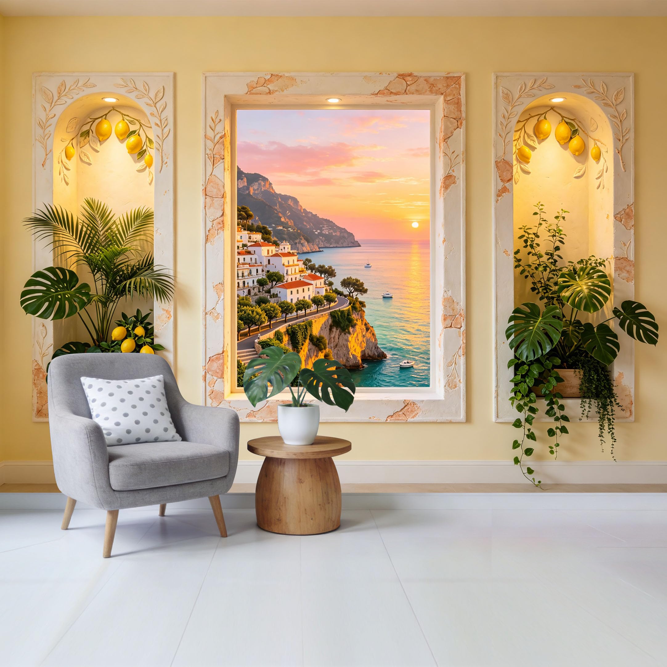 Removable Self Adhesive Fabric Mural， Mediterranean Coastal Landscape Lemon Tree Tropical Botanical Custom Size Wall Covering， UV Protected Waterproof Washable Wall Decor for Living Room