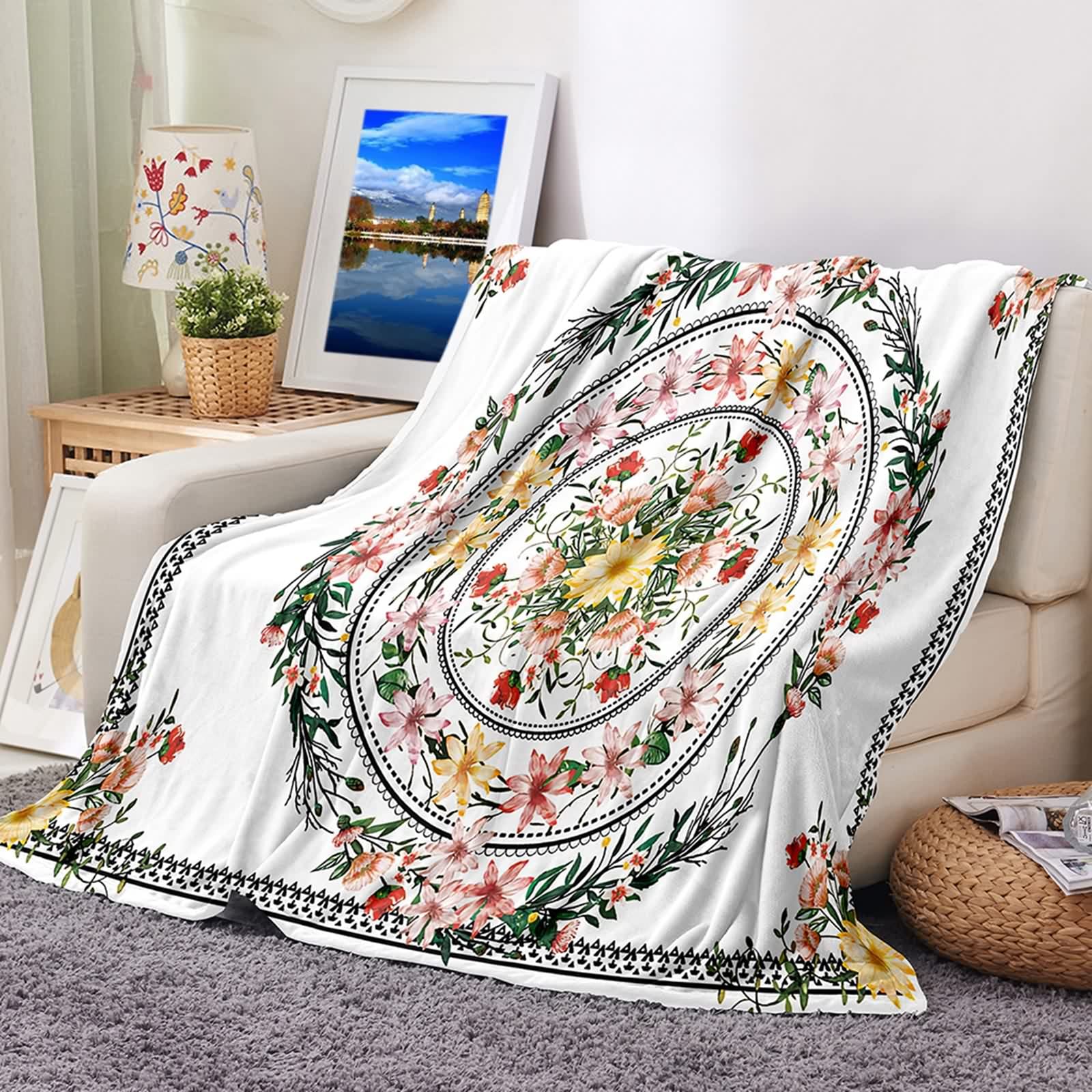 Plaid couverture polaire en flannel chaude 100x150cm motif fleurs de chambre