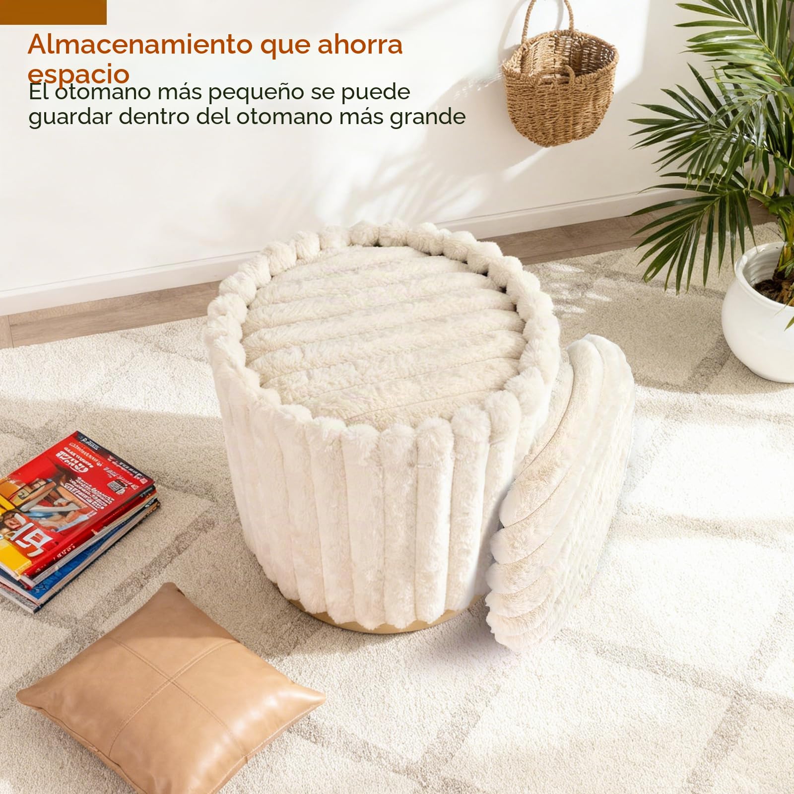 GIANTEX Juego de 2 Puffs Almacenaje 32L+21L, Taburete Otomano Redondo con Tapa, Reposapiés Tapizado de Pelo de Conejo, Diseño Apilable, para Salón, Entrada, Dormitorio, φ36 cm+φ31 cm