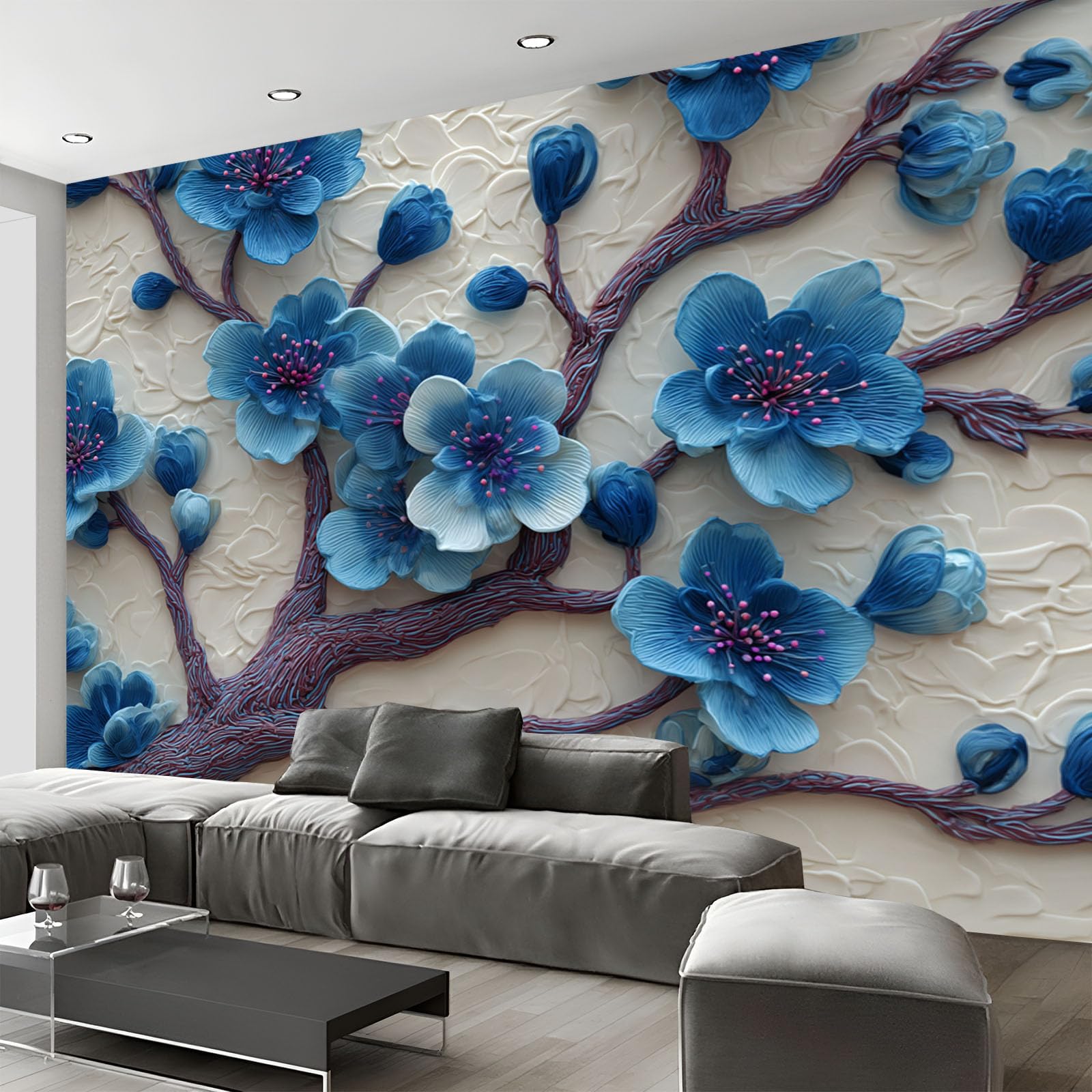 Carta Da Parati Fiori Ciliegio Ramoscelli 400×280cm Wallpaper Carta Da Parati Murale 3D, Rilievo Piante Fotomurali Moderni Per Soggiorno E Camera Da Letto, XXL Decorazione Murale 3D, Bianco