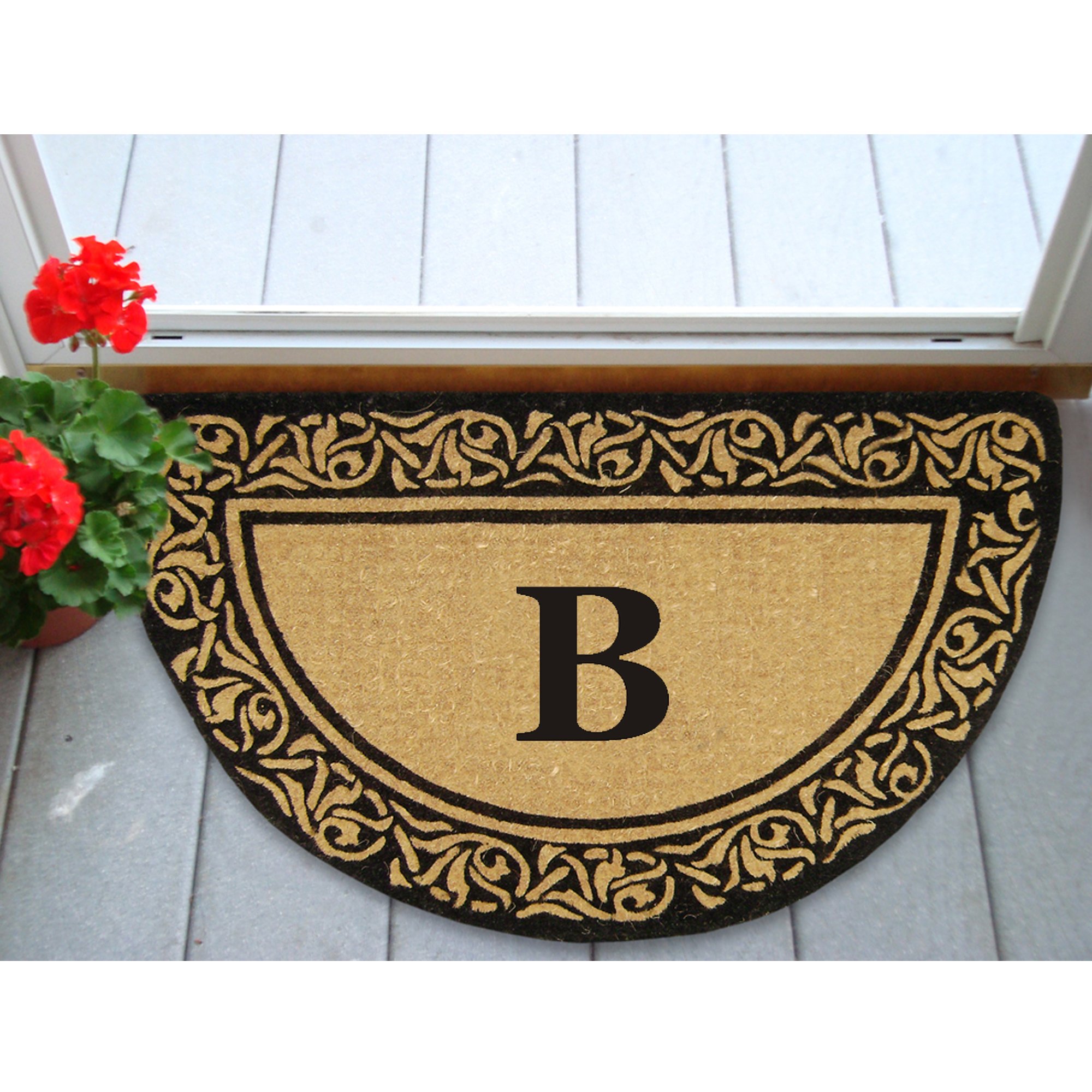 Personalized Half Round Coir Door Mat with Monogrammed Initial - Bella Decorative Border - Heavy Duty Coco Mat Front Door Outdoor Mat for Entrance or