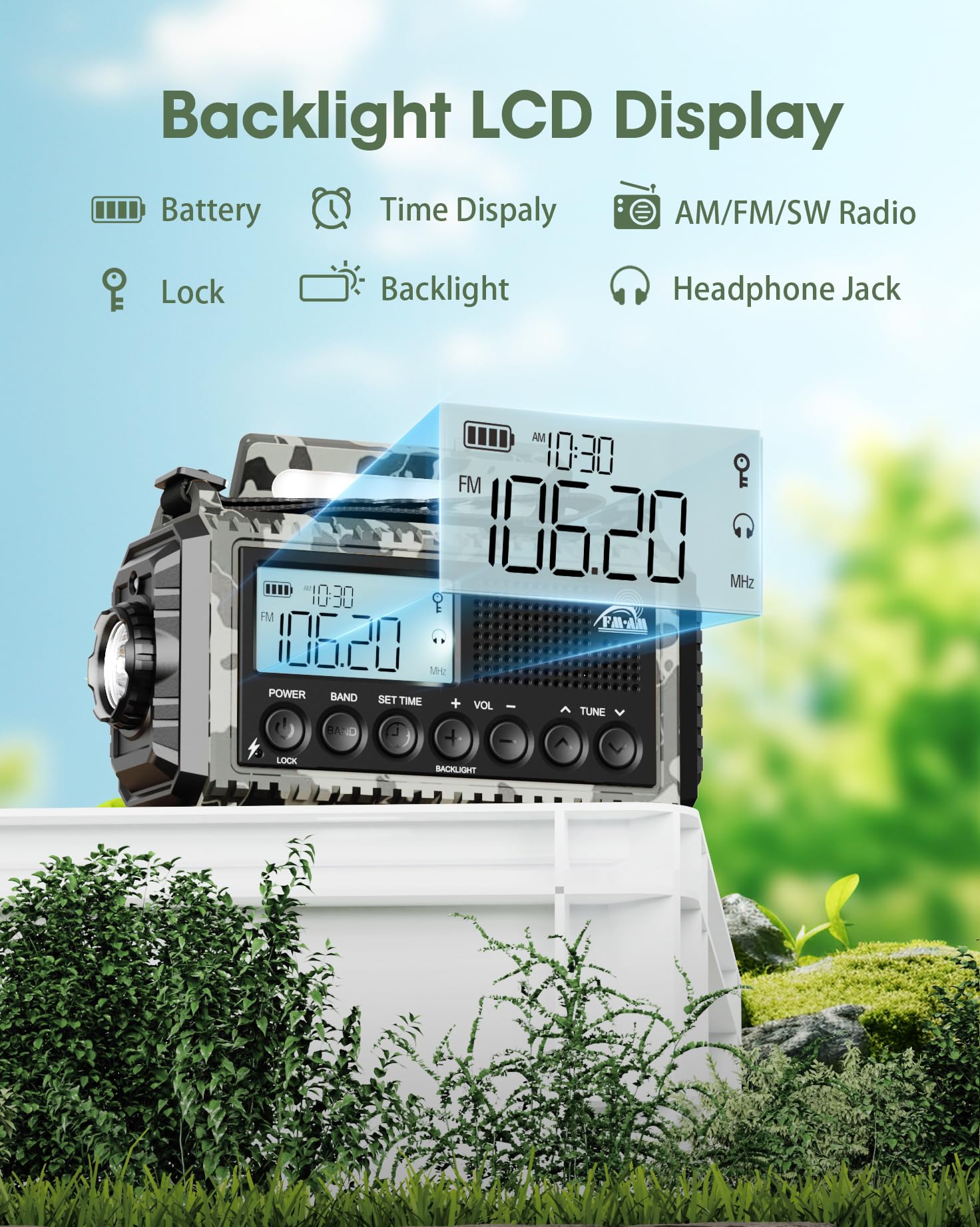 Radio de manivela, radio de emergencia con banco de energía de 12000 mAh, AM/FM/SW portátil, funciona con pilas, manivela de 5 vías con receptor mundial, como cargador de linterna, para exteriores,
