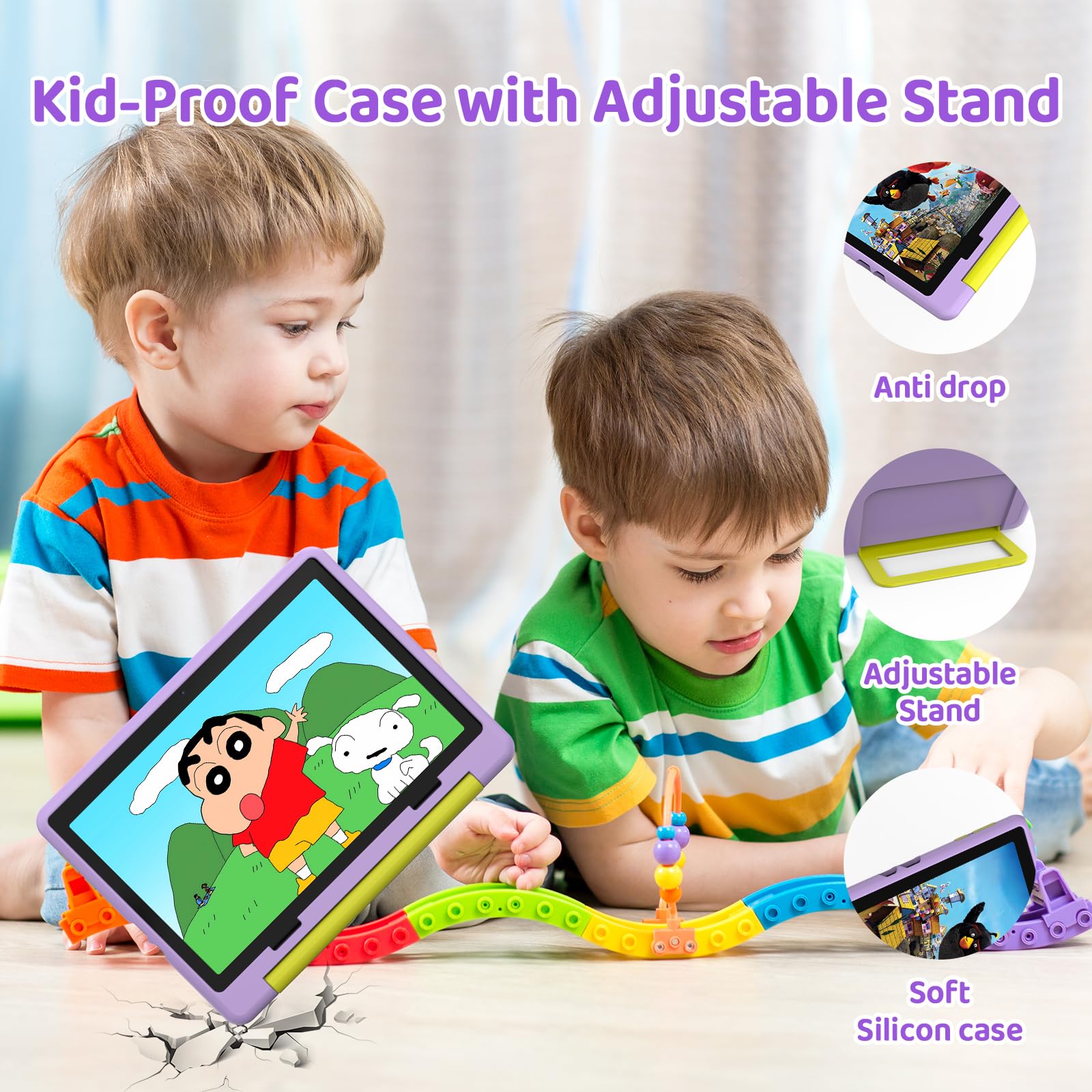 Tablet Bambini 10 Pollici Android 14 Display HD 1280x800 Batteria 5000mAh 8+64GB Espandibile a 1TB Doppia Fotocamera 5+8MP Custodia Protettiva + 3 Adesivi DIY (Viola)