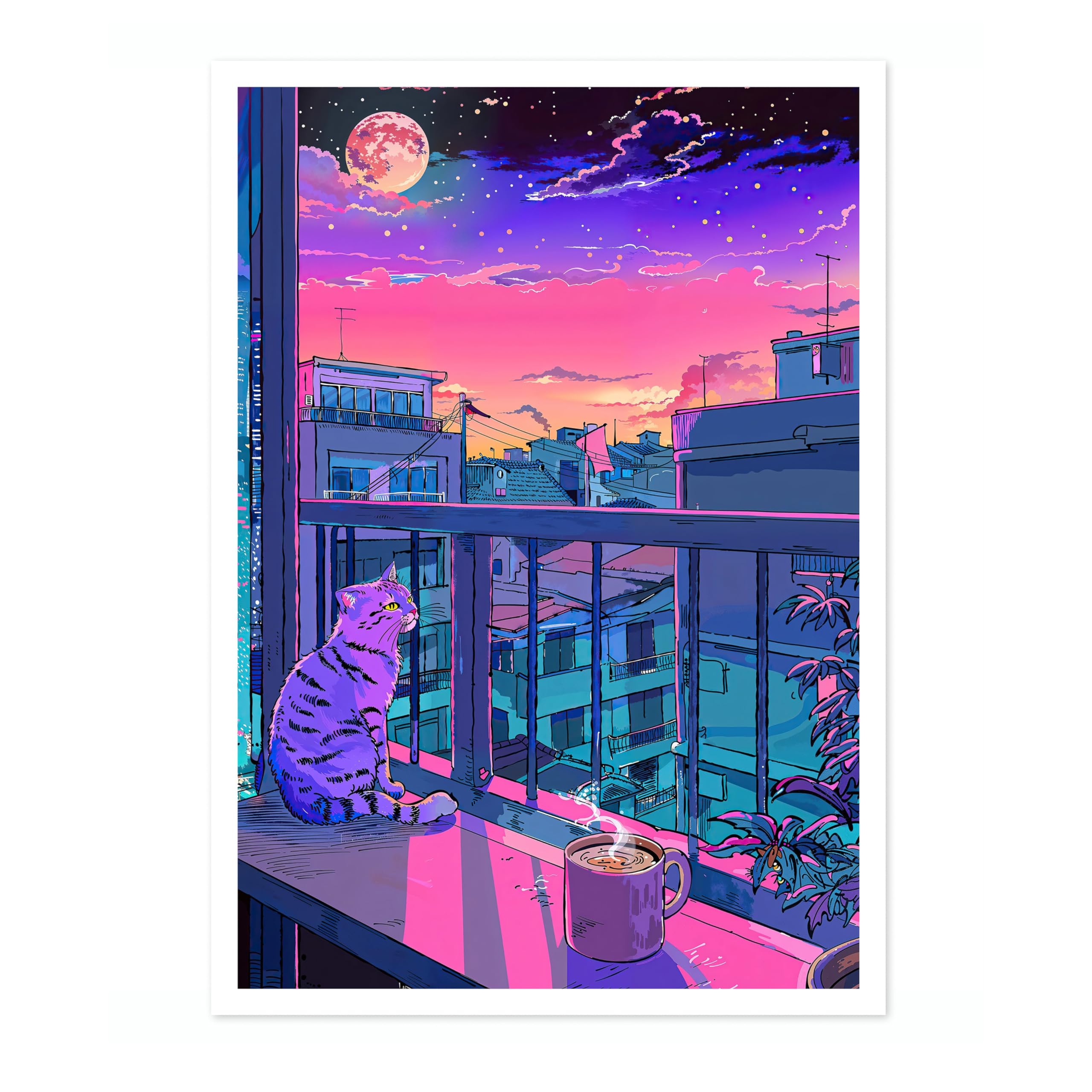 Lo-Fi Cat On The Balcony Anime Woodblock Poster Modern Ukiyo-E, Cartoon Print, Japanese Illustration Wall Art Bedroom Home Decor, A5 (Print Only) - 21x14.8cm โ image 1
