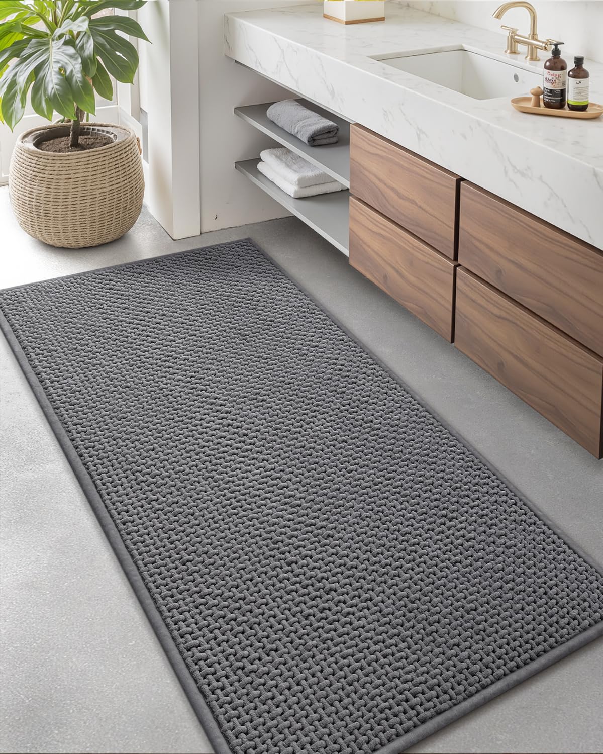 Color&Geometry Rubber Backed Waffle Bath Mat 47x17, Non Slip Machine Washable Bathroom Rugs, Soft Absorbent Chenille Boho Carpet for Bathroom Floor,