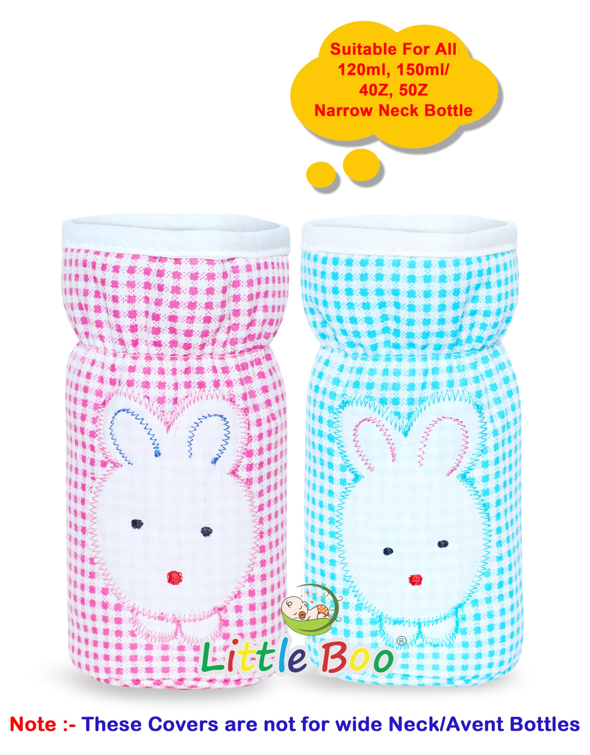 Little Boo Soft Plush Stretchable Baby Feeding Bottle Cover with Easy to Hold Strap | Check Design Cotton Pack of 2 (Blue and Pink,Narrow Neck Fits Upto 150ml) - Image 3 thumbnail