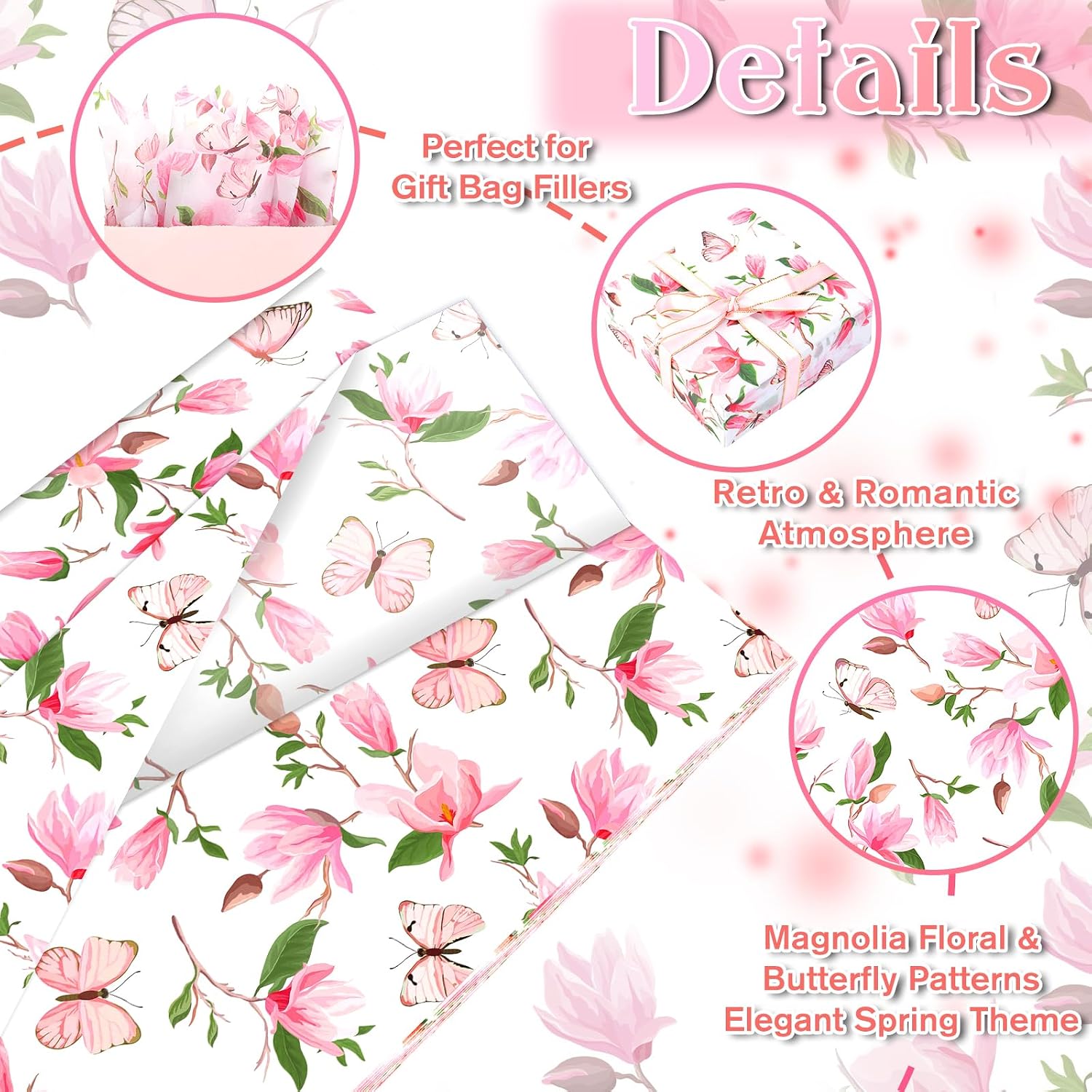 100 Sheets Watercolor Magnolia Butterfly Tissue Paper, 20 x 14in Magnolia Blossom Printed Art Craft Tissue Paper for Wedding Birthday Bridal Shower Party Supplies