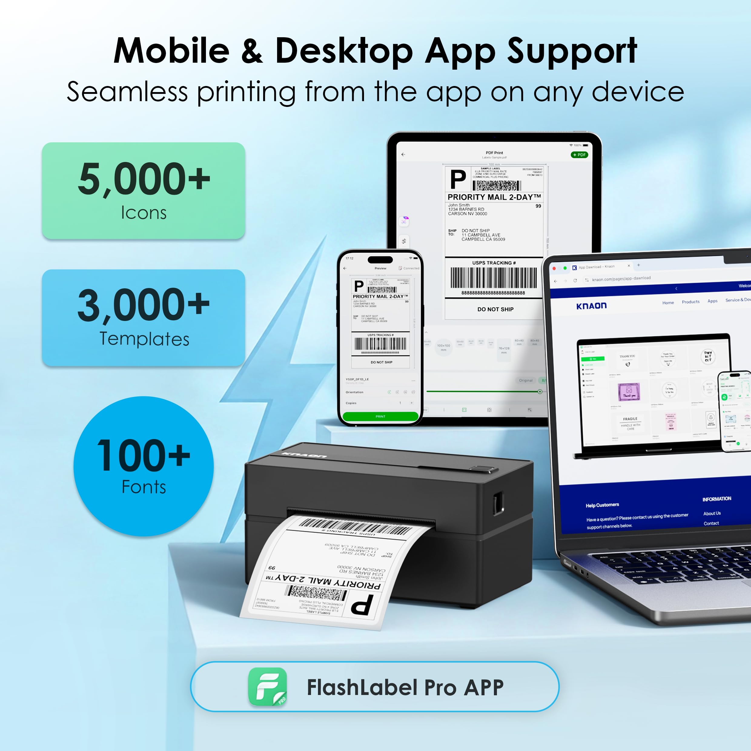 KNAON - Bluetooth Thermo-Etikettendrucker, kabelloser 4x6 Thermodrucker für kleine Unternehmen, kompatibel mit iPhone, Android, Windows, Mac und Chromebook, funktioniert mit Ebay Shopify