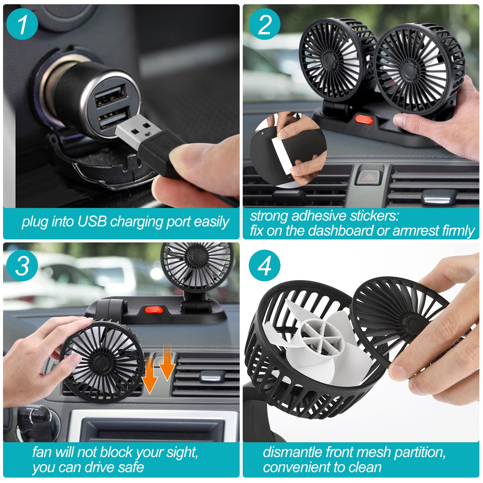Ventilateur Double Têtes 5V USB Ventilateur de Véhicule Ventilateur de Bureau, Rotation à 360 Degrés Ventilateur de Refroidissement Avec 2 Vitesses, Ventilateur portable Voiture pour Bureau Maison